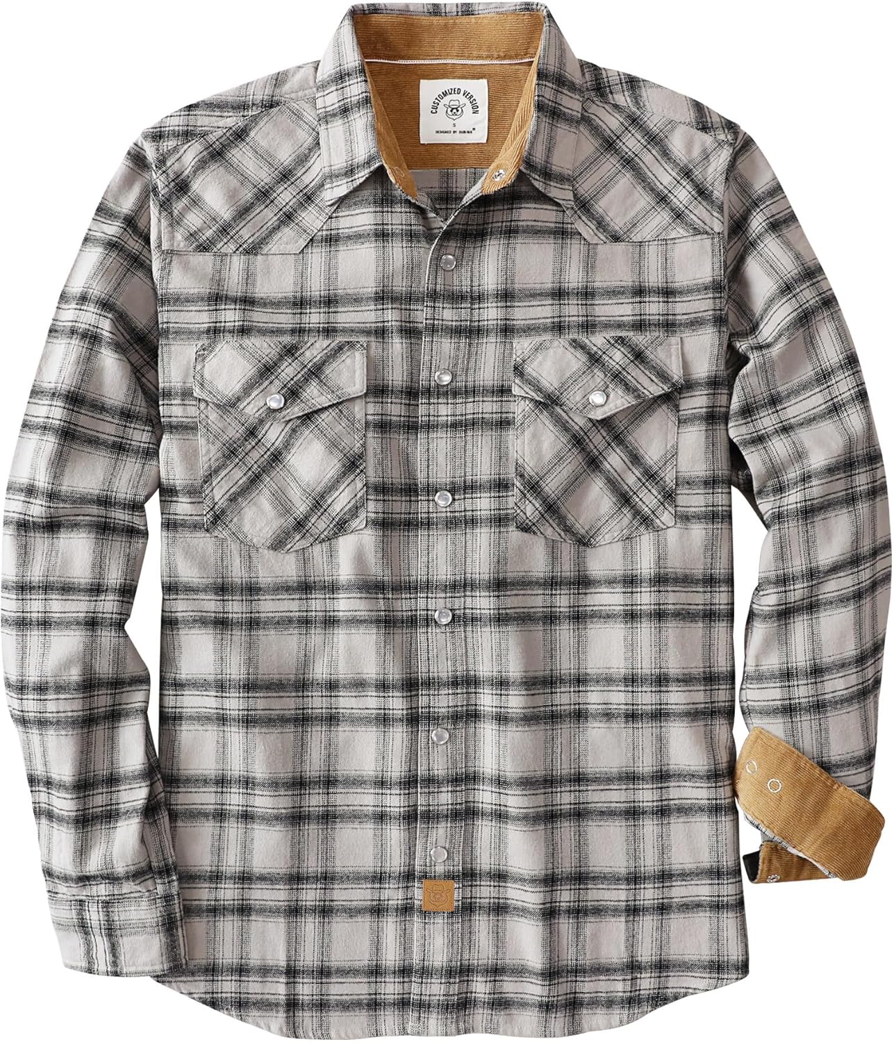 Dubinik® Herren-Flanellhemd, lange Ärmel, Druckknopf, Freizeithemden, Westernhemd, Cowboy, zwei Taschen, Outdoor, Druckknopf-Hemd, normale Passform