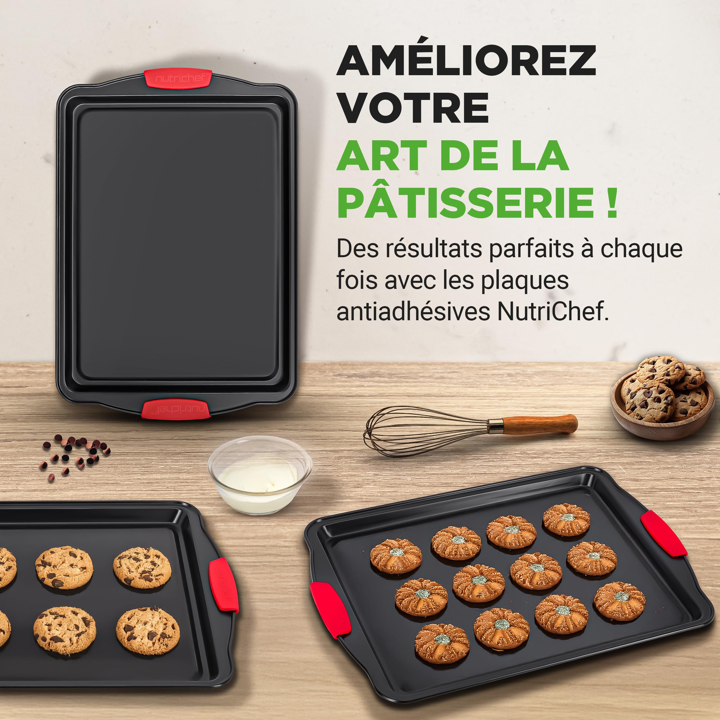 NutriChef Lot de 3 Grandes Plaques à Cookies – Antiadhésives, Empilables, Anses Silicone, 230 °C, Distribution Thermique Uniforme, Noir