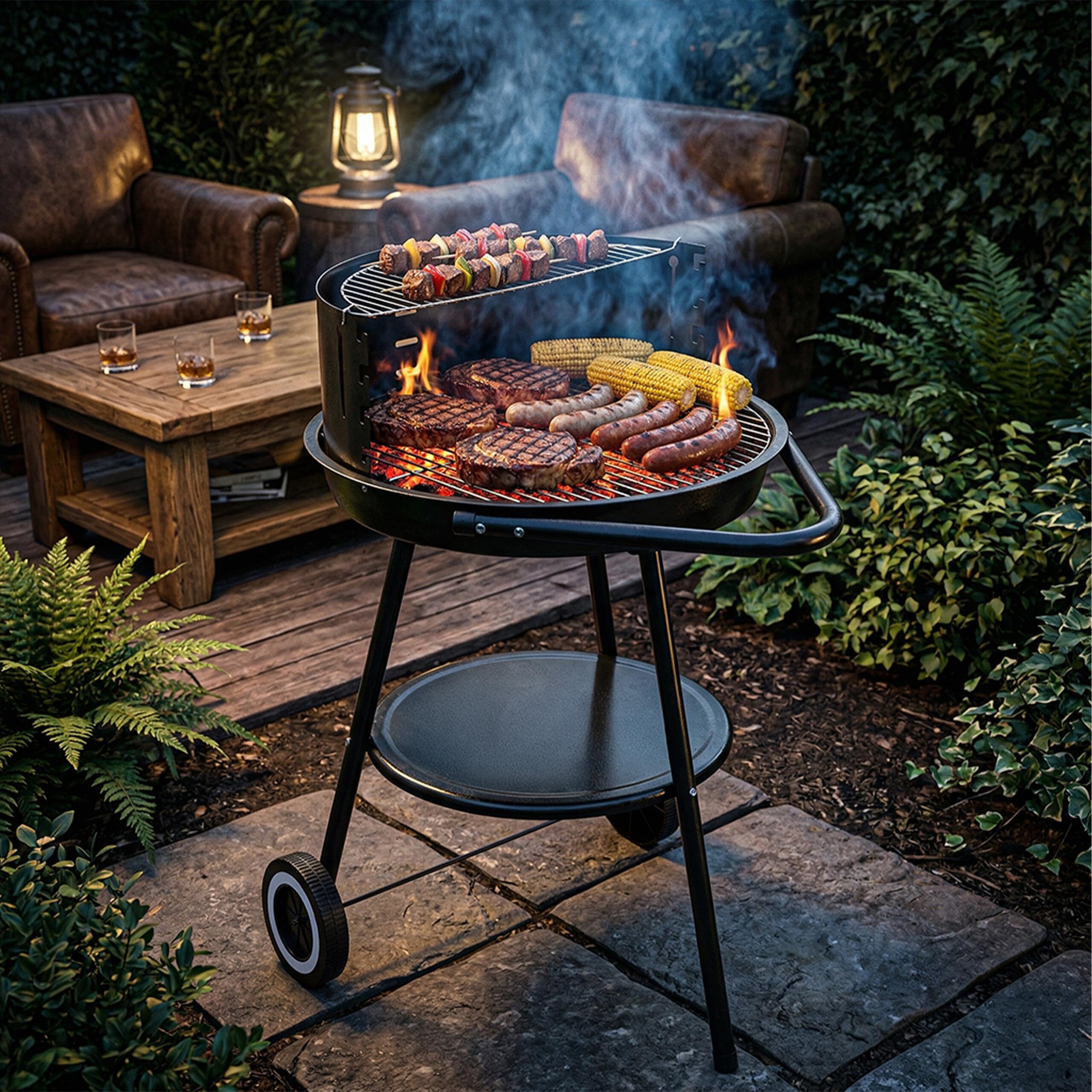 Relaxdays Barbacoa de carbón con Ruedas, Ø 47 cm, jardín, Negra | Paravientos, estante, rejilla calentadora, redonda