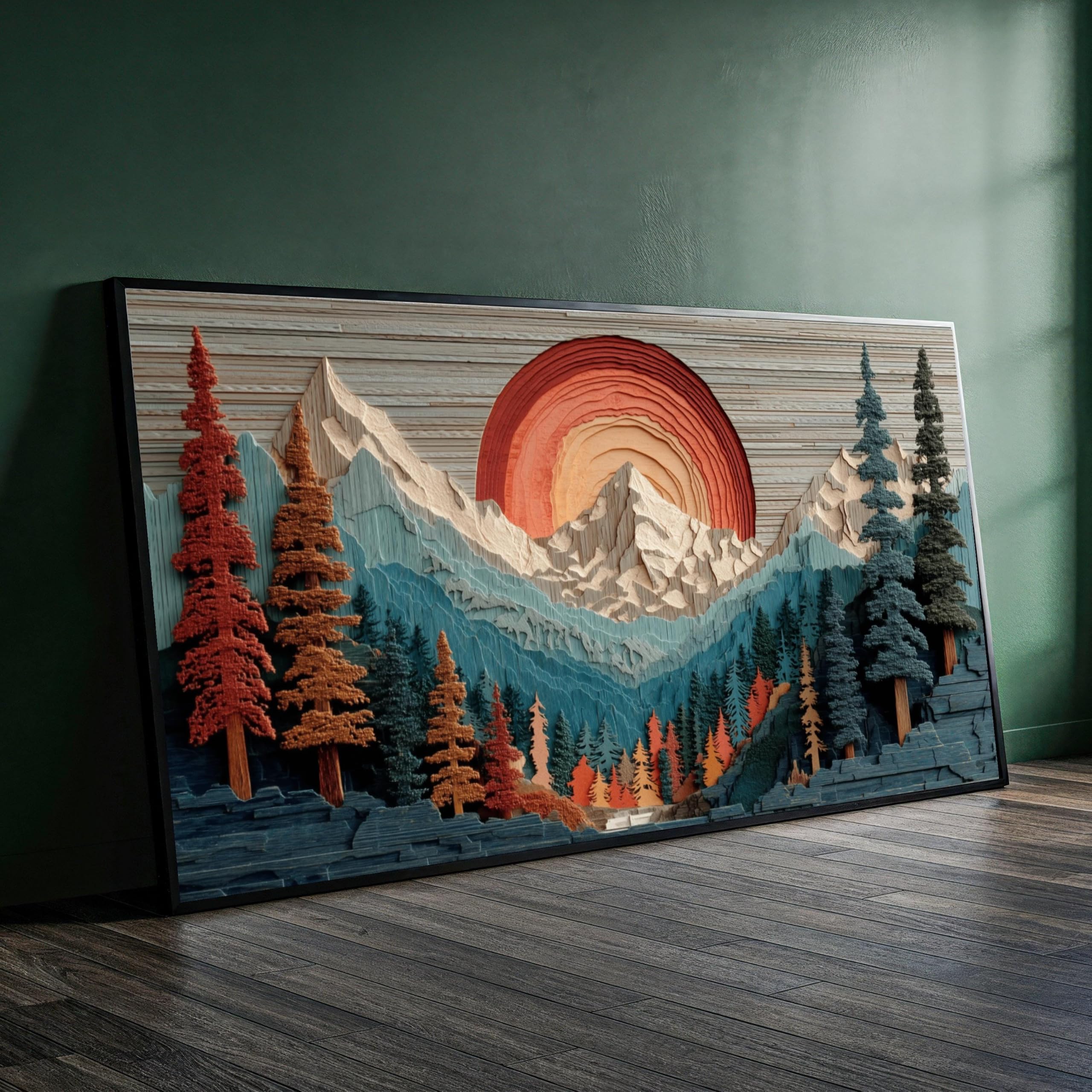 XBTYKPB Rustic Mountain Sunset Canvas, Layered Wood Art Style, Landscape Wall Decor, Forest Peaks Canvas, Ready to Hang Painting(80x140cm/Frameless)