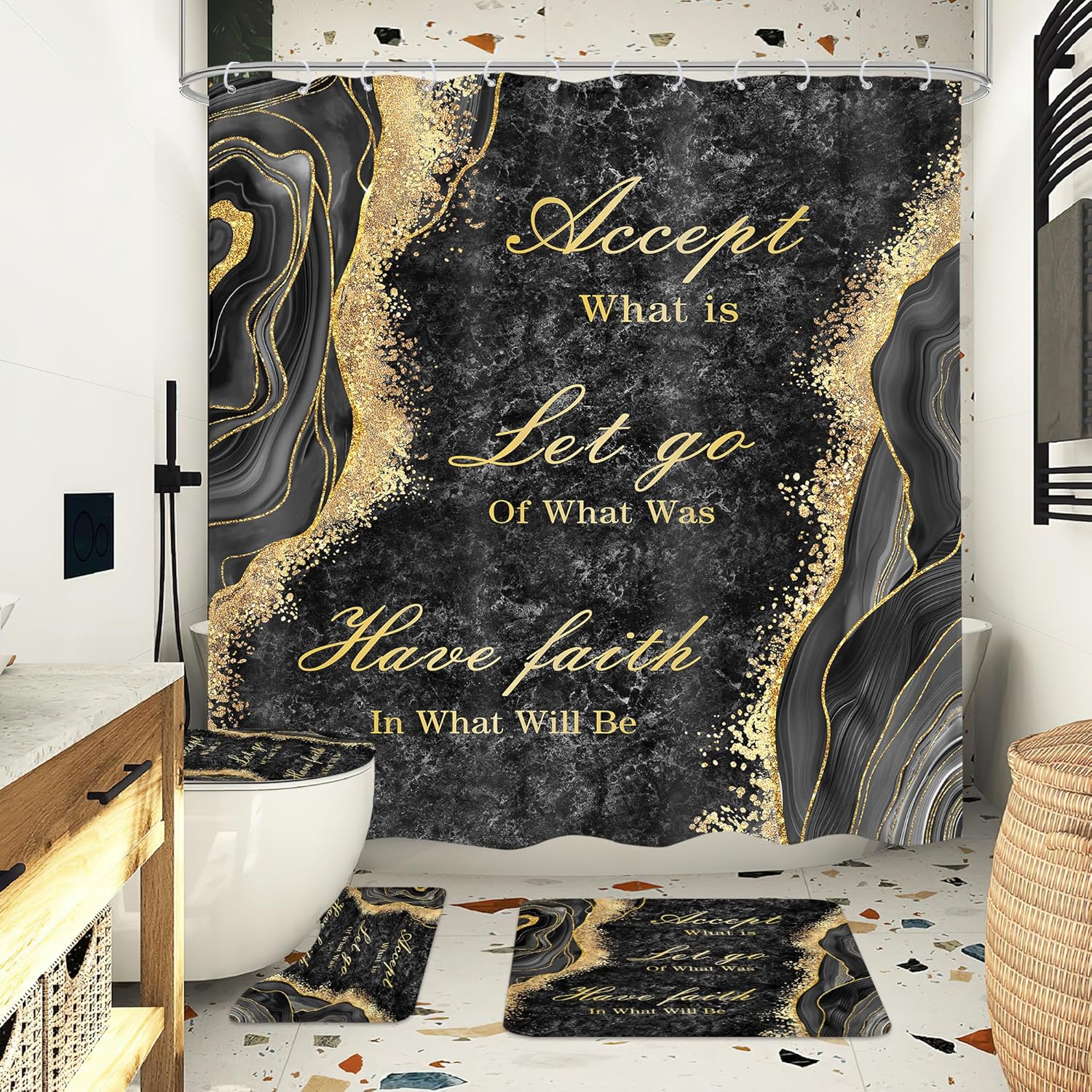 Omifly Black Gold Marble Shower Curtain Sets 4Pcs Men Inspirational Quotes Abstract Modern Luxury Waterproof Bathroom Decor Set with 12 Hooks, Rugs and Accessories with Bath Mat and Toilet Lid Cover