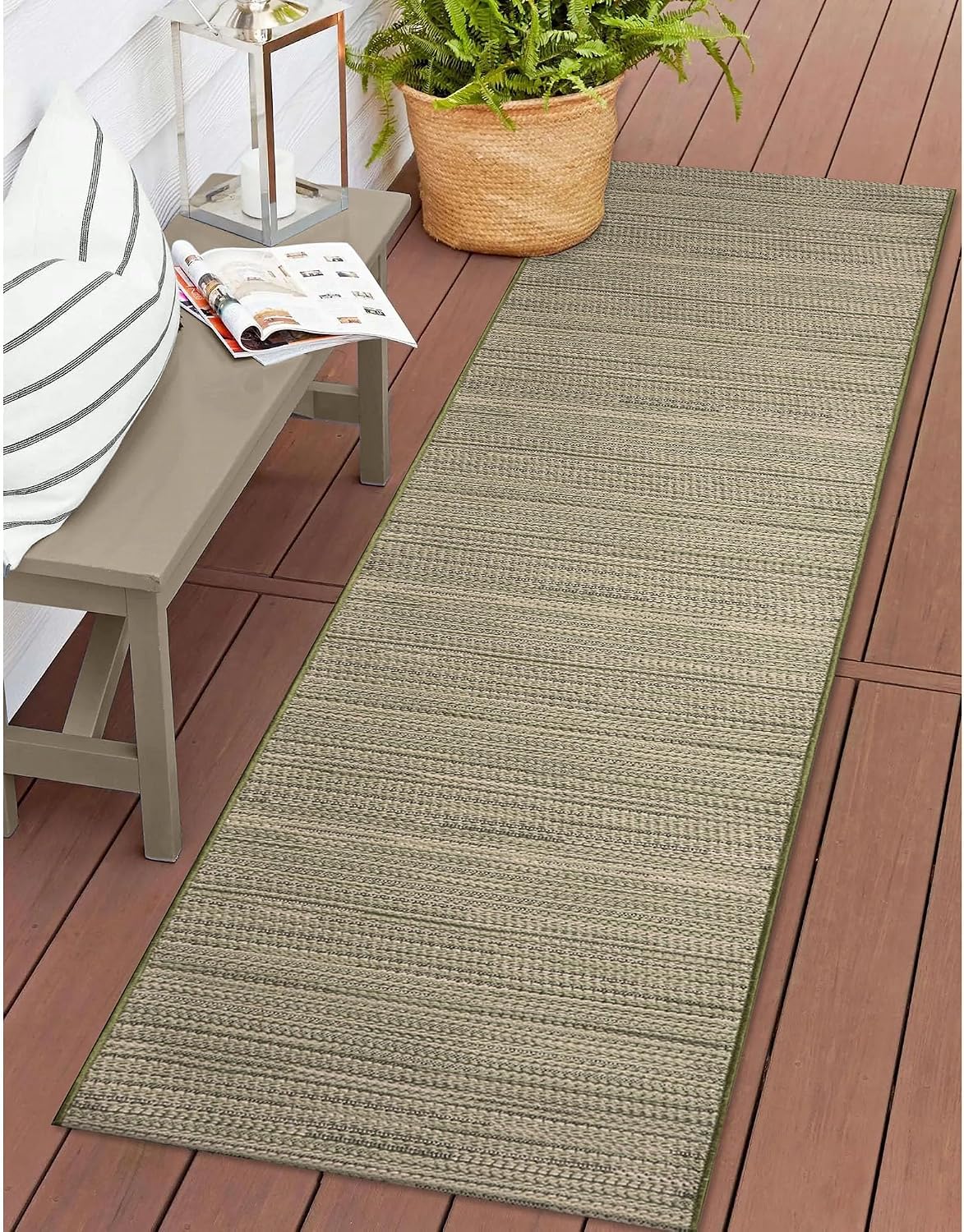Liora Manne Miranda Indoor/Outdoor Power Loomed Synthetic Blend Low Profile Area Rug - Transitional Stripe Casual Multicolor (Tweed Stripe Green) (1'11" x 7'6")