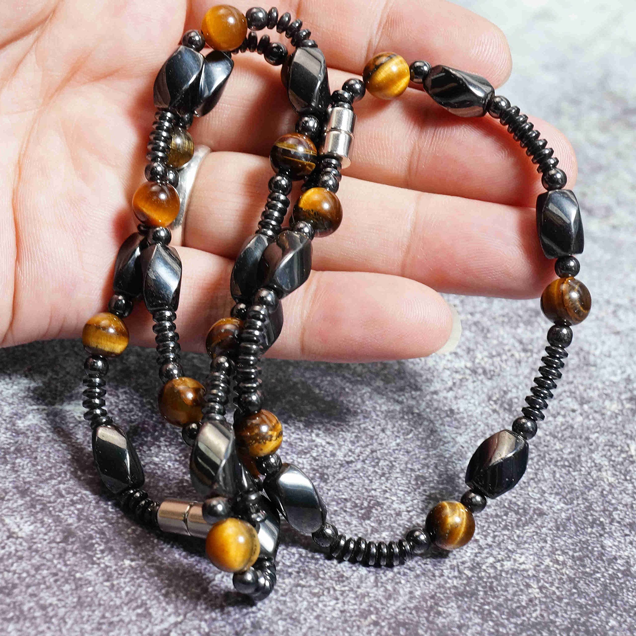 Ensemble collier et bracelet de perles en hématite magnétique et œil de tigre pour homme – Mala sans cou – Ensemble de bijoux (M)