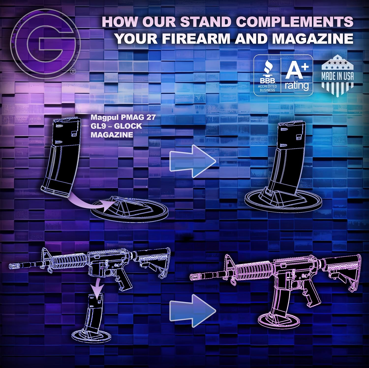 Gun Stand, Pistol Stand, Rifle Stand, Magazine Stand, Handgun Stand, Gun Safe Organizer, Mag Holder – Durable, Stable & Made in The USA (B&T GHM9 - Fits Magpul GL9 27rd Mag - (Black))
