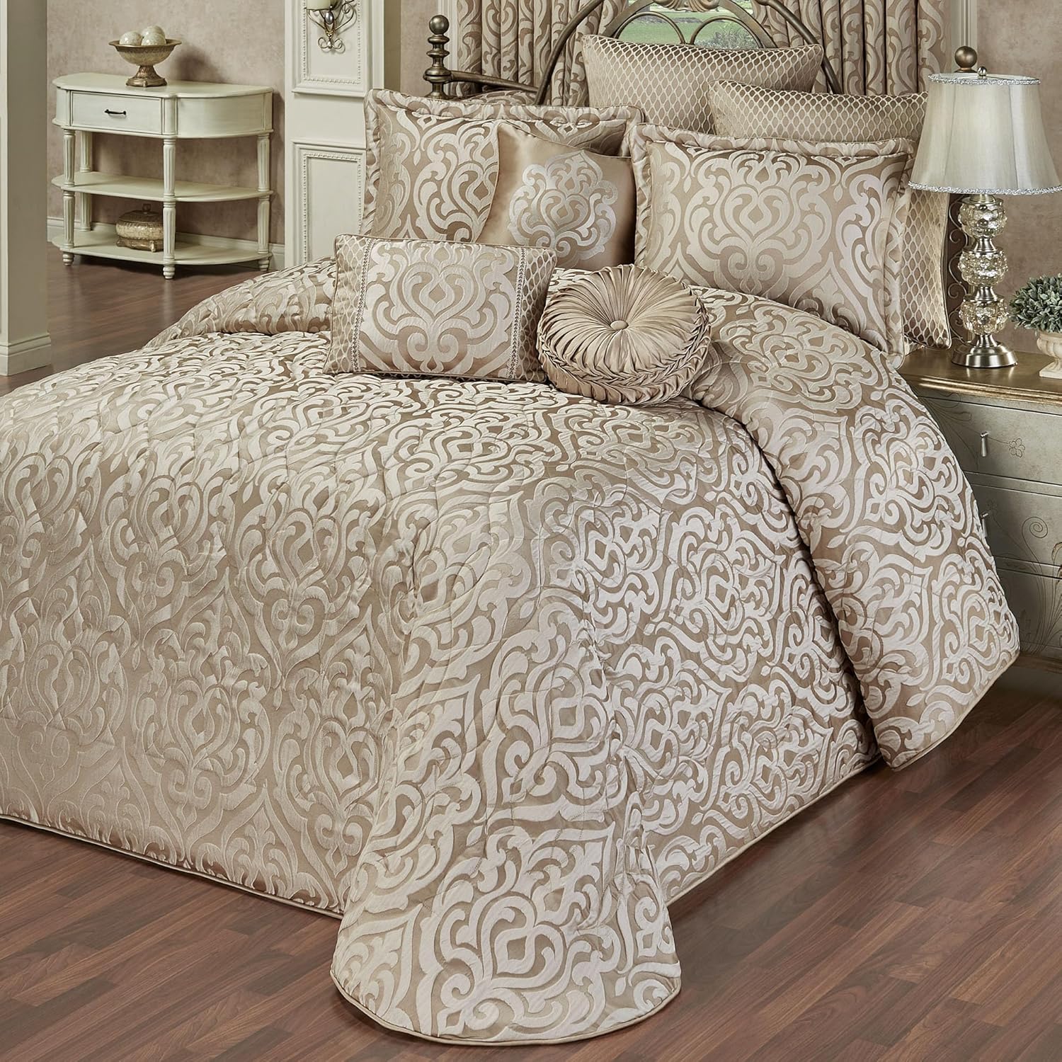 Davenport Luxury Bedding | Neutral Sand and Beige Colors | Elegant Jacquard-Woven Puff-Textured Scrollwork Medallions | 3 Piece Bedding Set Includes Oversized Cal King Bedspread and 2 King Shams