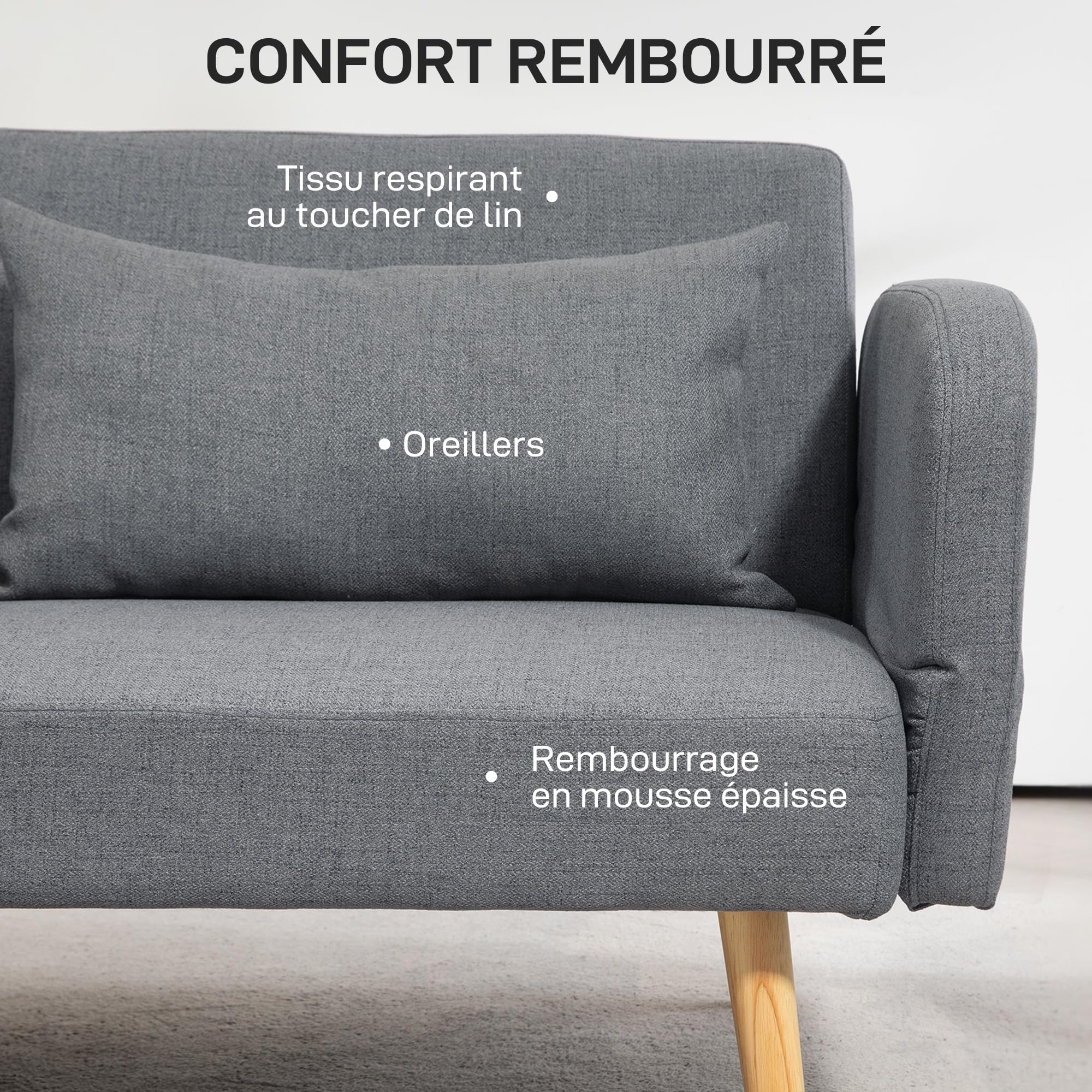 HOMCOM Canapé Convertible 3 Places Canapé-Lit 2 Places Clic Clac Gris | Dossier Inclinable, Accoudoirs Réglables, Tissu Effet Lin, Pieds en Bois Massif, 2 Coussins Lavables