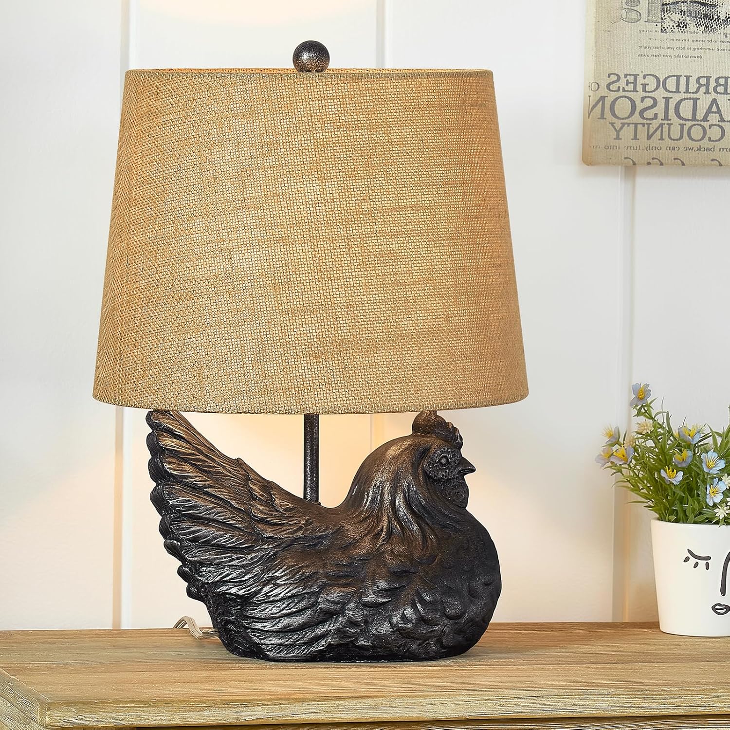 Crestview Collection Chicken Table Lamp,18" H Sculpted Resin Hen Lamp with Burlap Shade, Rustic White-Charcoal Animal Sculpture Lamp for Bedroom Kids Room Farm Decor Nightstand Light