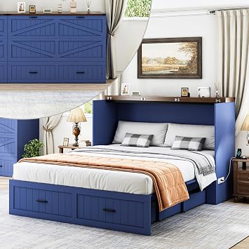 Queen Murphy Bed with Storage & Charging Station, Farmhouse Murphy Cabinet Bed with Large Drawer, Hideaway Foldable Platform Bed for for Guest Room, Bedroom, Home Office, Blue