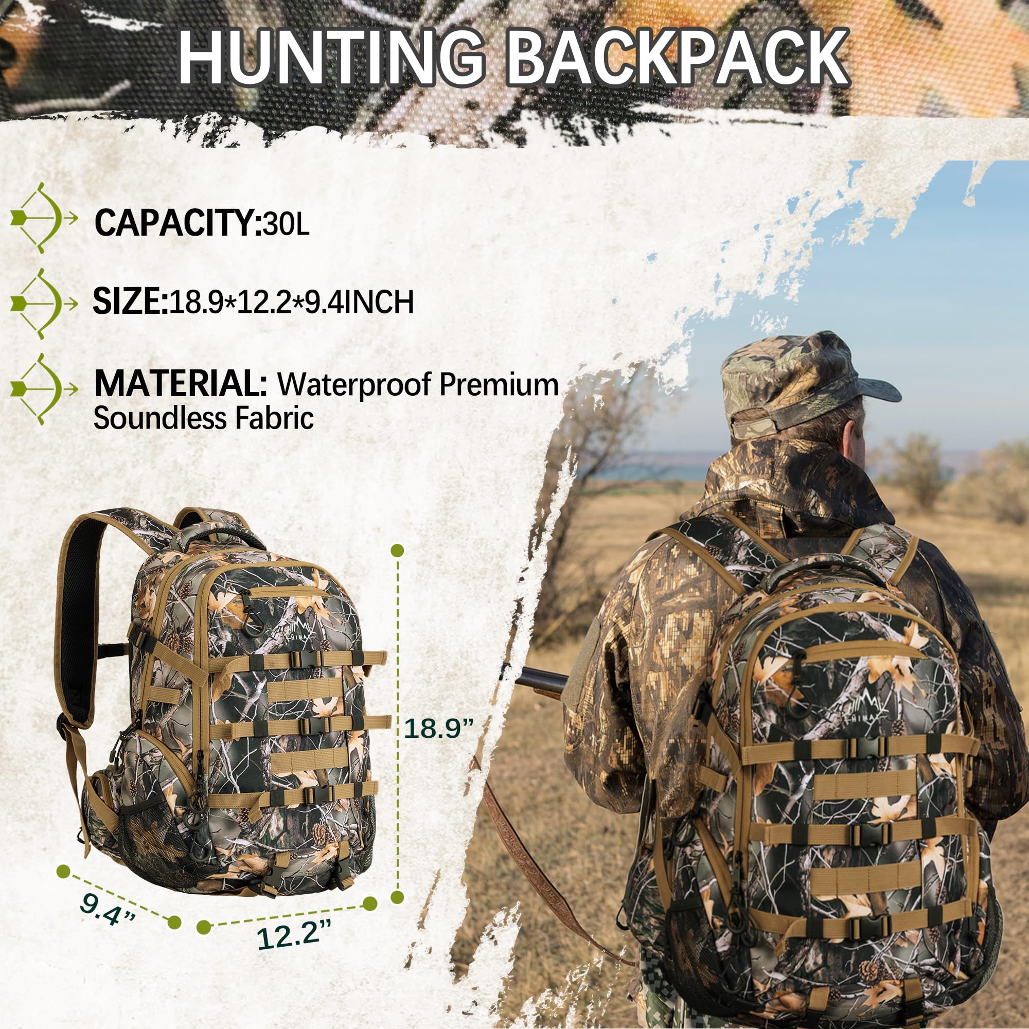 GoHimal Mochila de caza impermeable 600D, paquete de caza de camuflaje con riñonera para pistola de arco de rifle