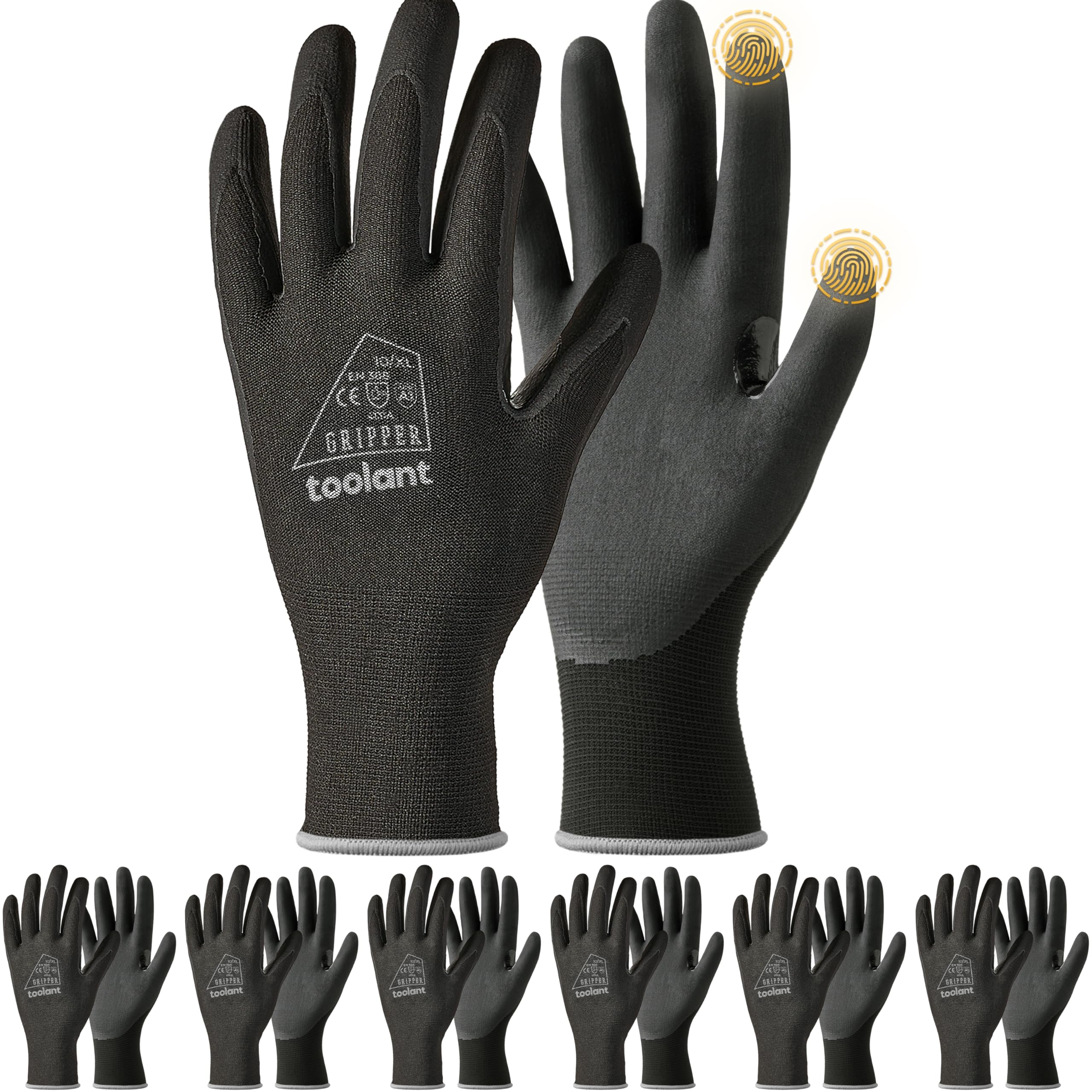 toolant 6 Pairs Work Gloves MicroFoam Nitrile Coated, 15 Gauge Breathable Nylon with Grip in Wet & Oily Condition, Touchscreen,Certified Working Gloves Bulk for Gardening,Warehouse,Automotive,Black,XL