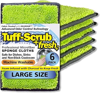 Fresh Tuff-Scrub, Large, 6-Pack Scrub-N-Wipe Sponge Cloth with Silvadur Antimicrobial for Odor Control, Microfiber, Multi-Surface, Non-Scratch, Dual-Sided, Machine Washable, Durable Kitchen Sponge