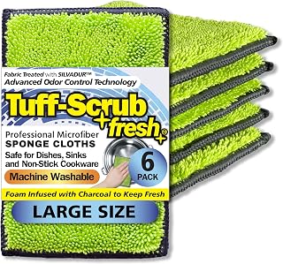 Fresh Tuff-Scrub, Large, 6-Pack Scrub-N-Wipe Sponge Cloth with Silvadur Antimicrobial for Odor Control, Microfiber, Multi-Surface, Non-Scratch, Dual-Sided, Machine Washable, Durable Kitchen Sponge