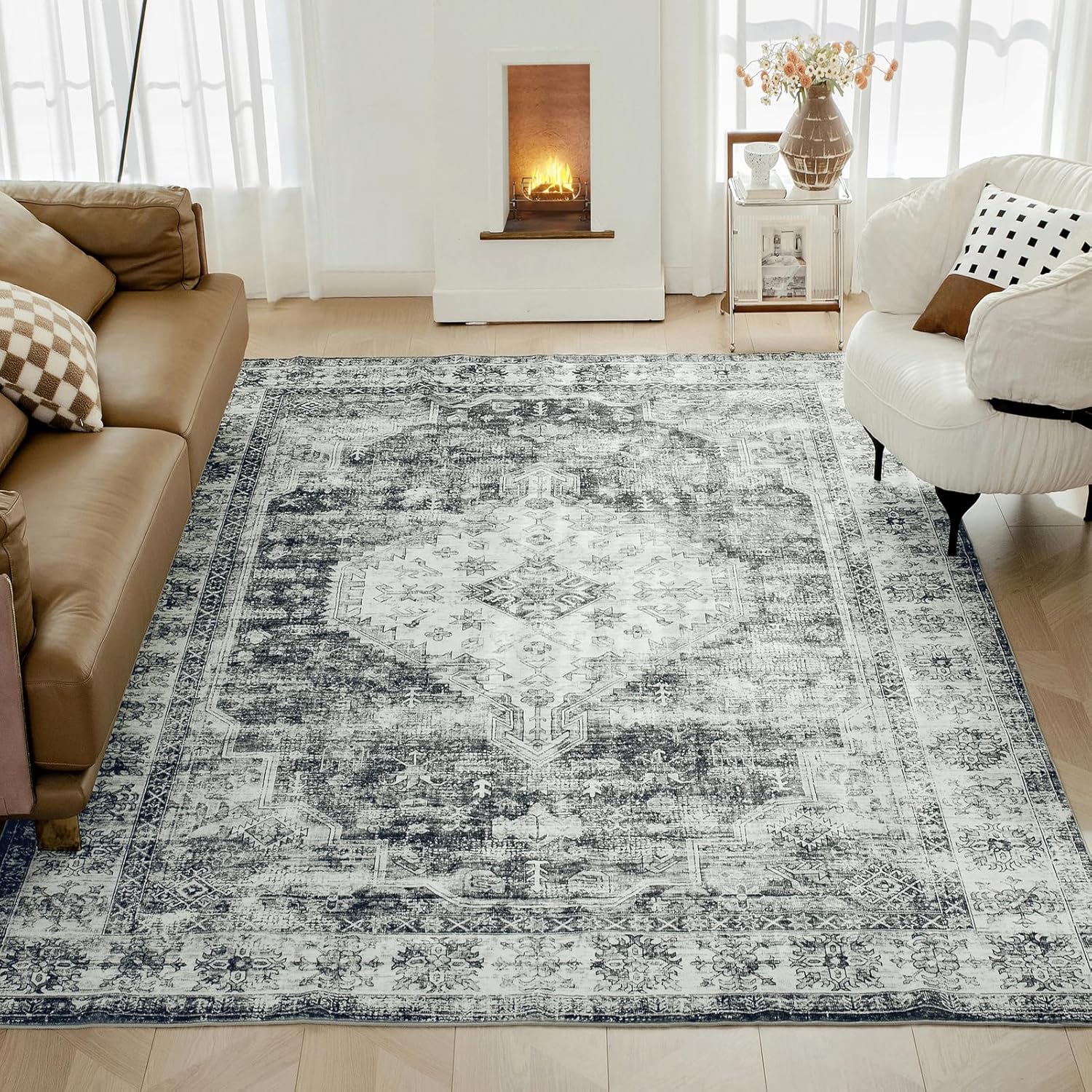 6x9 Area Rug, Washable Rug for Living Room Entryway Bedroom Kitchen, Vintage Medallion Rug with Non-Slip Backing, Ultra-Thin Low Pile Boho Farmhouse Rug for Home Decor, Black Black 6'x9'