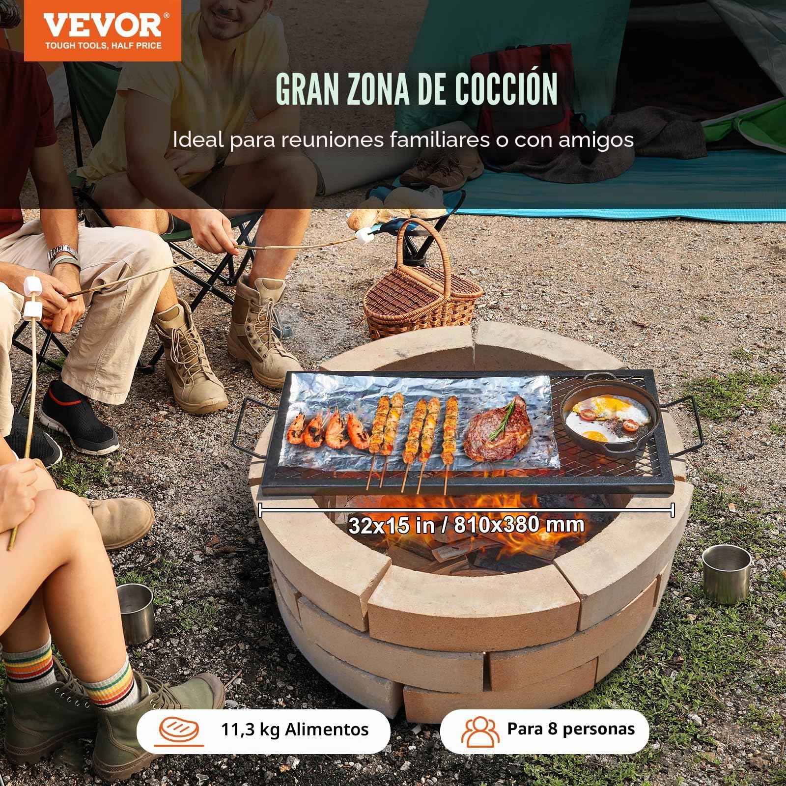 VEVOR Parrilla Rectangular de Barbacoa Cocina de Acero de 81 x 38 cm, Capacidad de Carga de 20 kg, Material de Utensilios con Marca X para Chimenea, Brasero, Barbacoa, Pícnic, Camping, Jardín, Negro