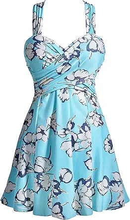 COCOPEAR Women's Elegant Crossover One Piece Swimdress Floral Skirted Swimsuit