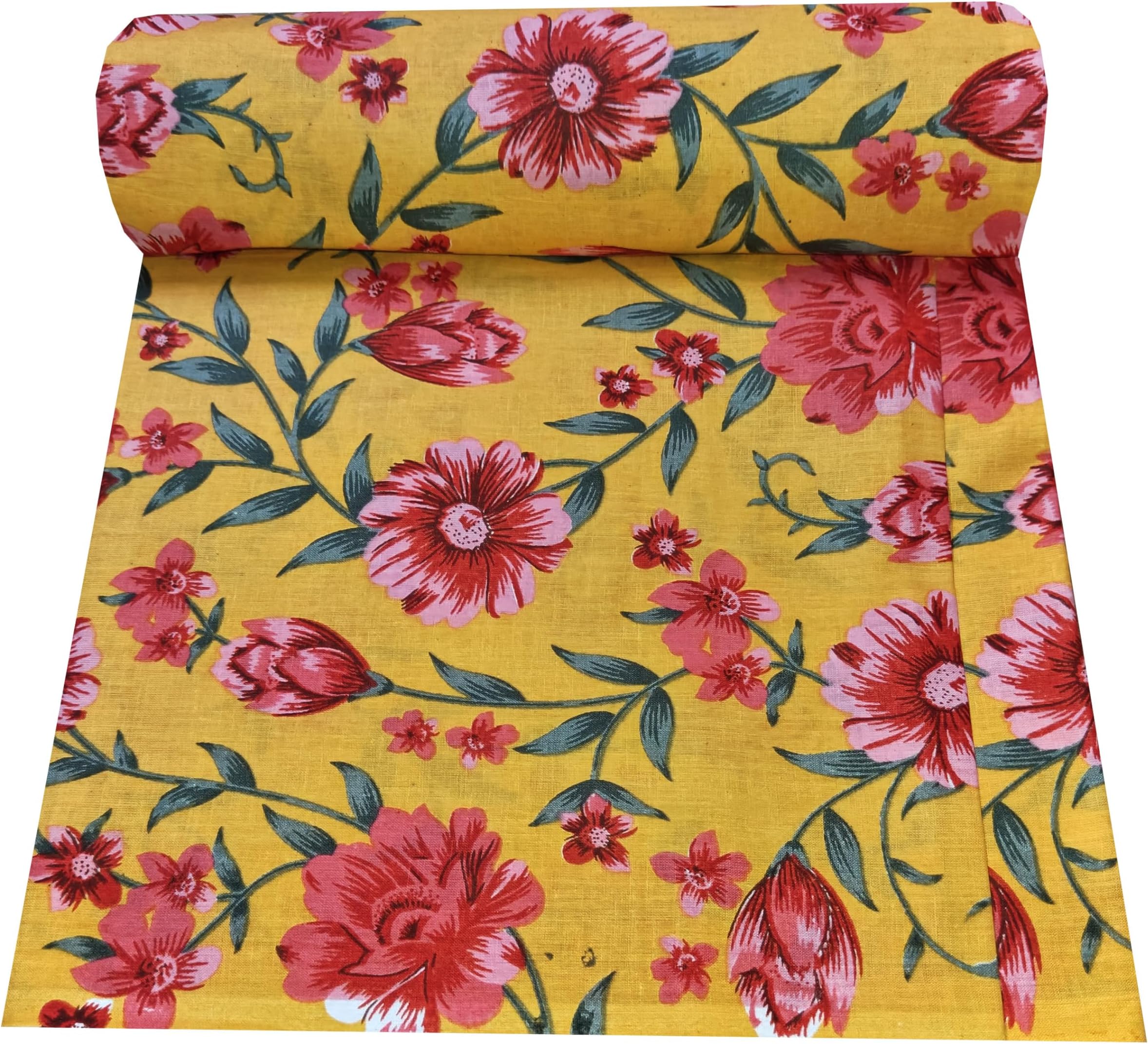 1 Meter Pure Cotton Unstitched Jaipuri Handmade Digital Printed Fabric Material for Women Kurta/Blouse/Palazzos/Piece Material for Women’s (Pink) (Yellow 2)