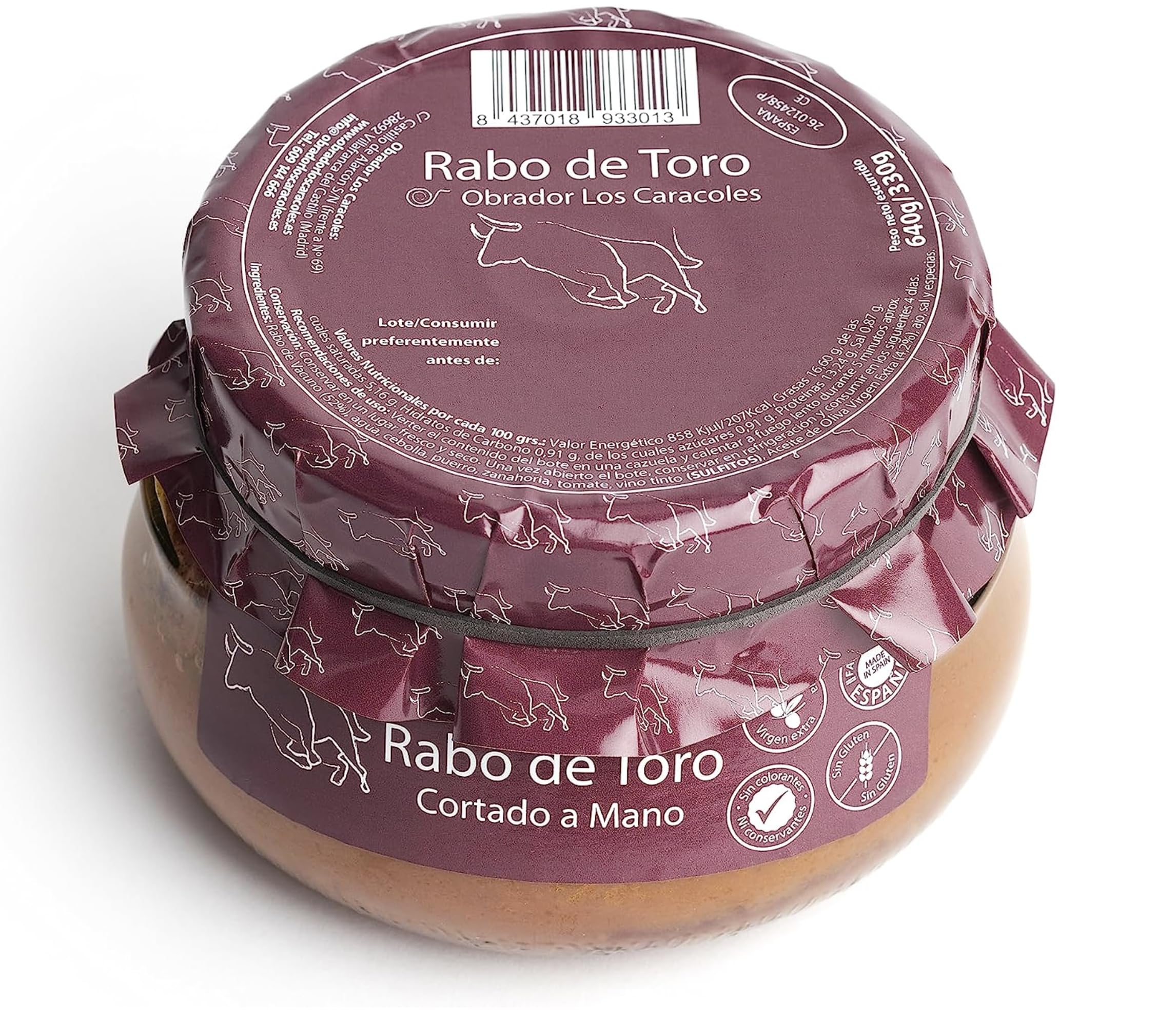 Queue de bœuf sauce au vin rouge coupée à la main. Queue de boeuf mijotée 640grs (Lot de 6). Recette familiale, maison et artisanale. Conserves gourmandes. Cadeau original. 100% Fabriqué en Espagne.
