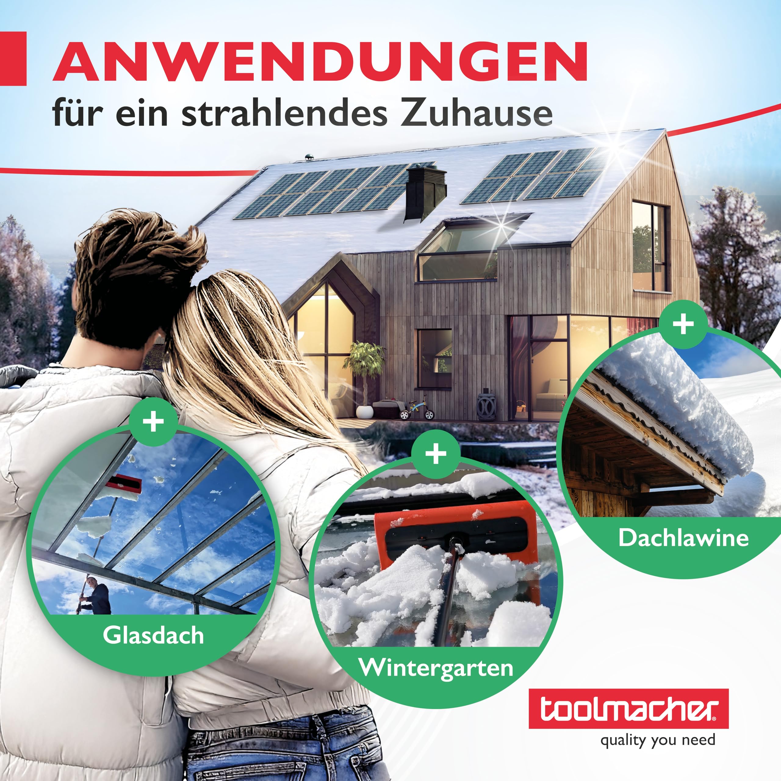 toolmacher Photovoltaik Schneeschieber [ROBUSTES SPEZIALGEWINDE] Schneeschaufel für Photovoltaik, Wintergarten und Glasdach - Schneeräumer ohne Teleskopstange - Schneeschieber für PV, Dachschneeräumer