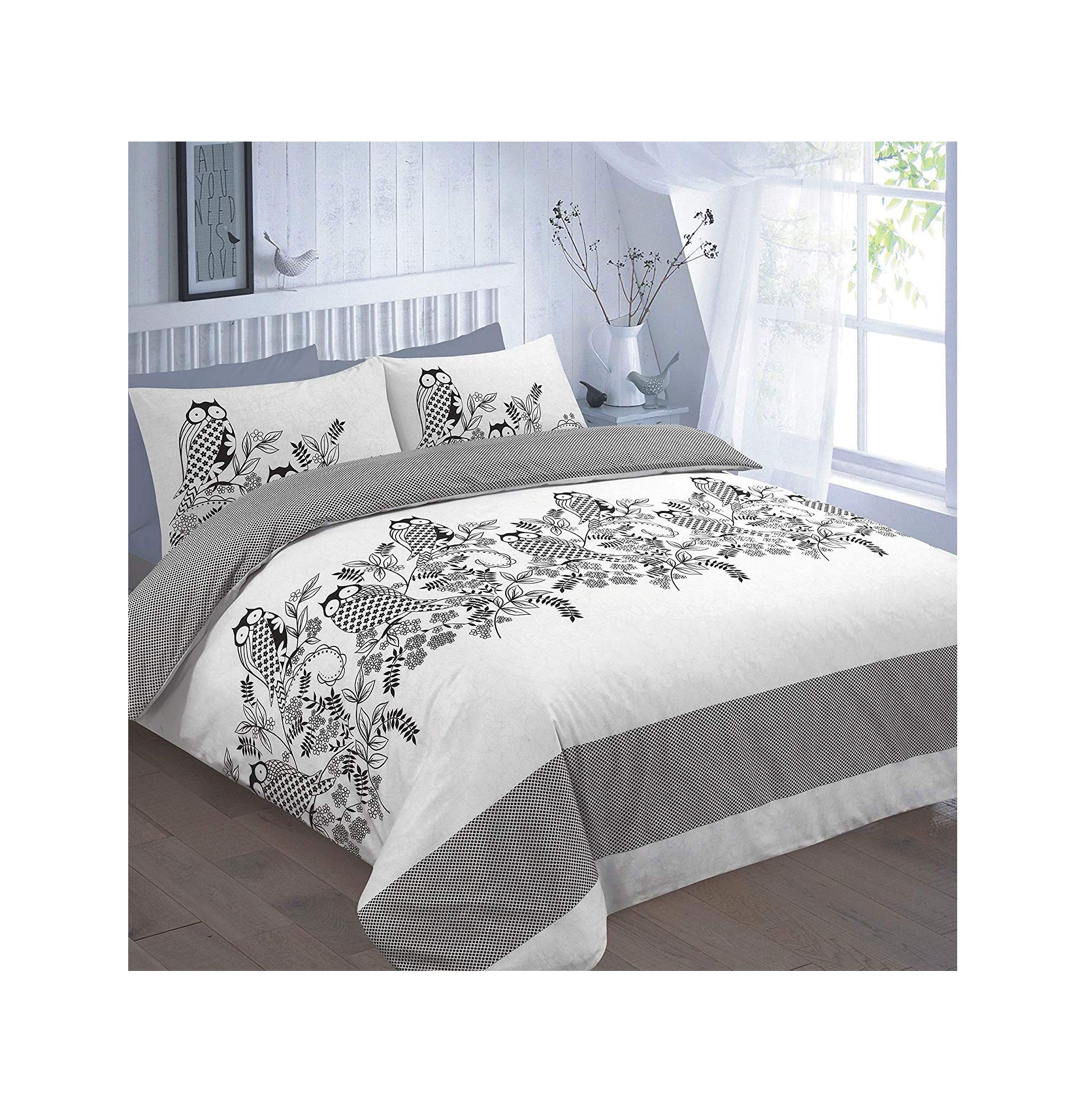 Excellent Hotel Quality King Owl Print Black Design Duvet Cover Set Bedding Set with pillowcases - King Size