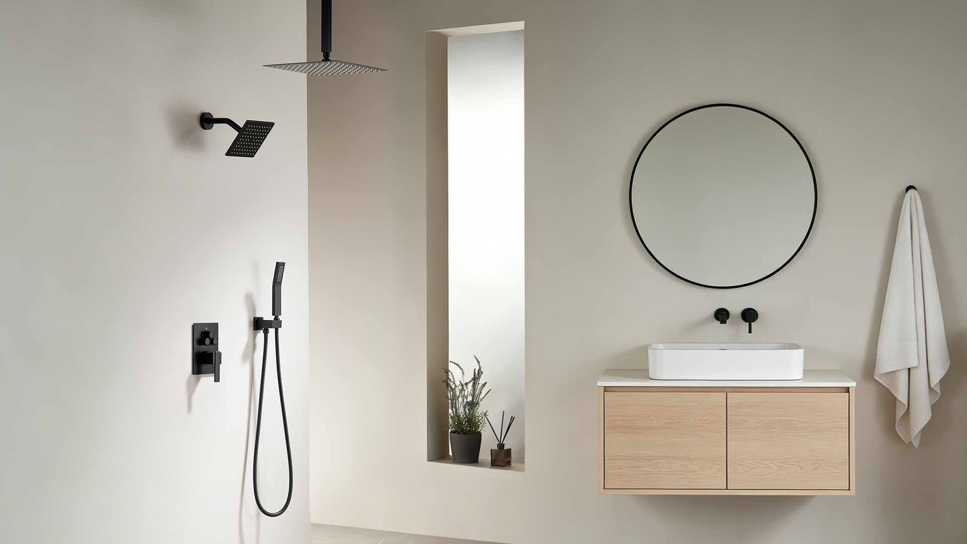 Sistema de duchas duales Dasan en negro mate con ducha de lluvia de 12 pulgadas para techo y ducha de alta presión de 6 pulgadas para pared, juego completo con ducha manual y grifo de 3 funciones miniatura 7