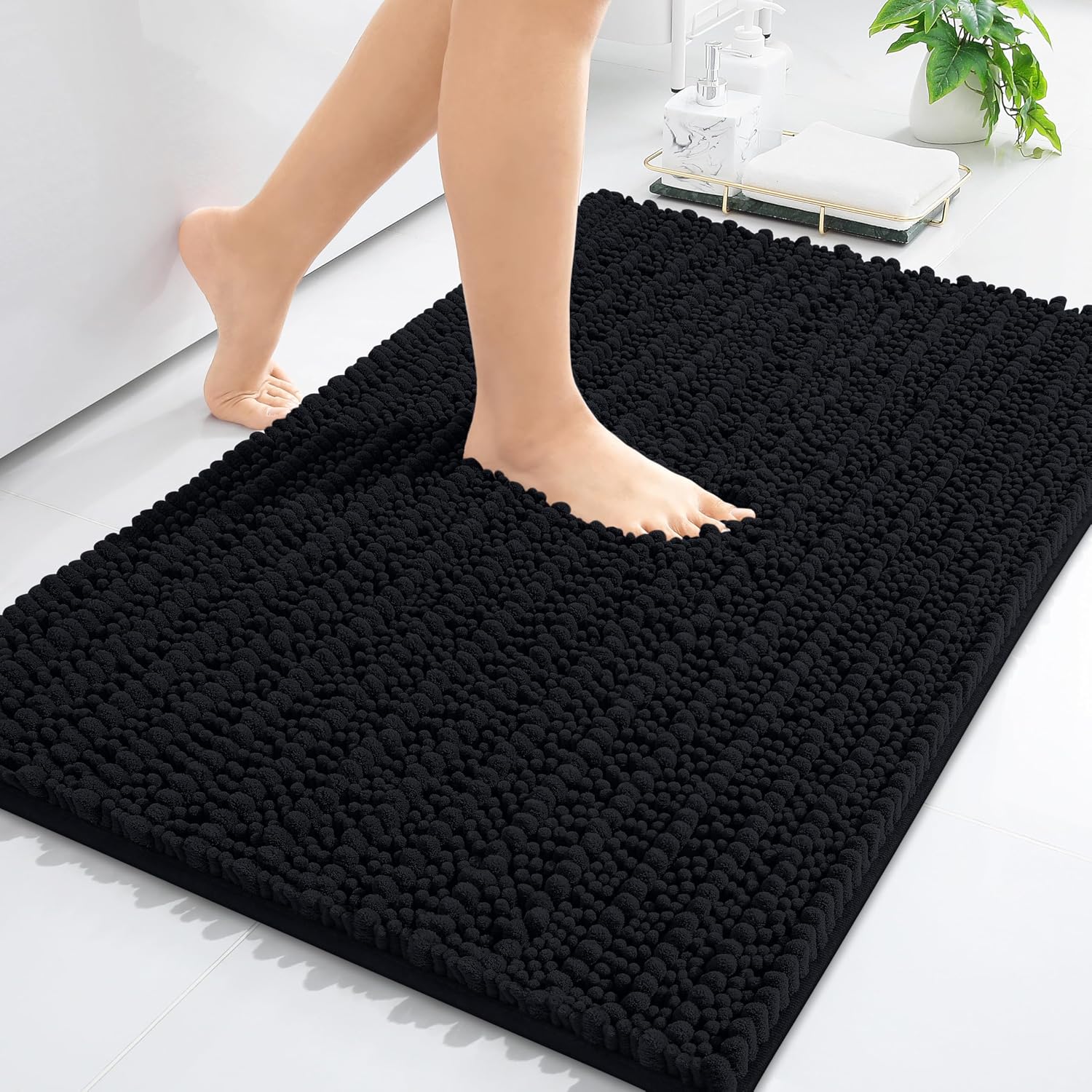 Arotive Luxury Chenille Bathroom Set, Bath Rug (24" x 16") and Bathroom Rugs Set (36" x 24" + 24" x 20") in Black, 3 Item Bundle image 4