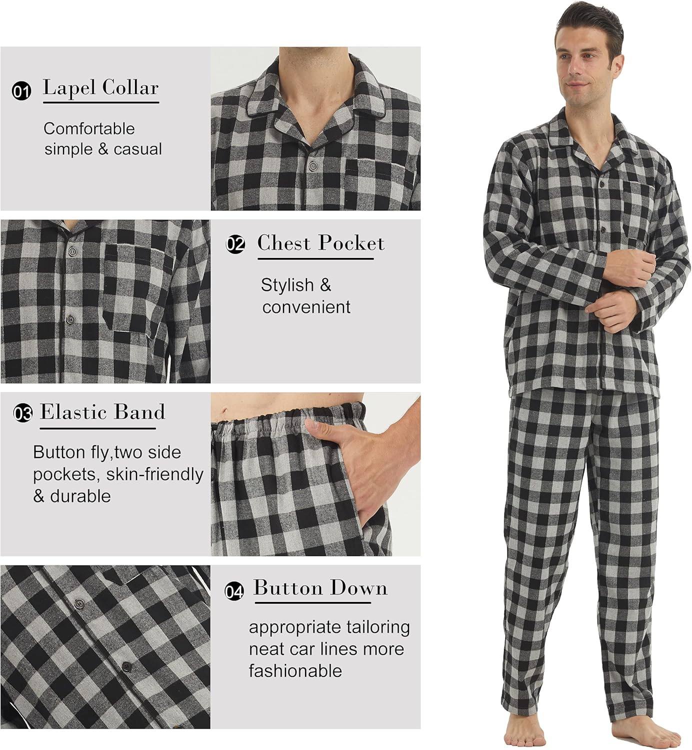 Mens Flannel Pajamas Set Cotton Plaid Pjs Button Down Warm Soft Lounge Sleepwear Top & Pj Pants with Pockets - Image 5
