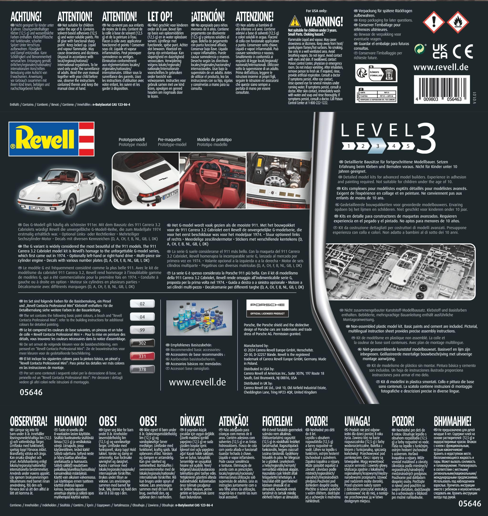 Revell Porsche 911 G-Model Cabrio 05646 - Modellino in plastica non costruita per 50° anniversario, scala 1:24, con accessori