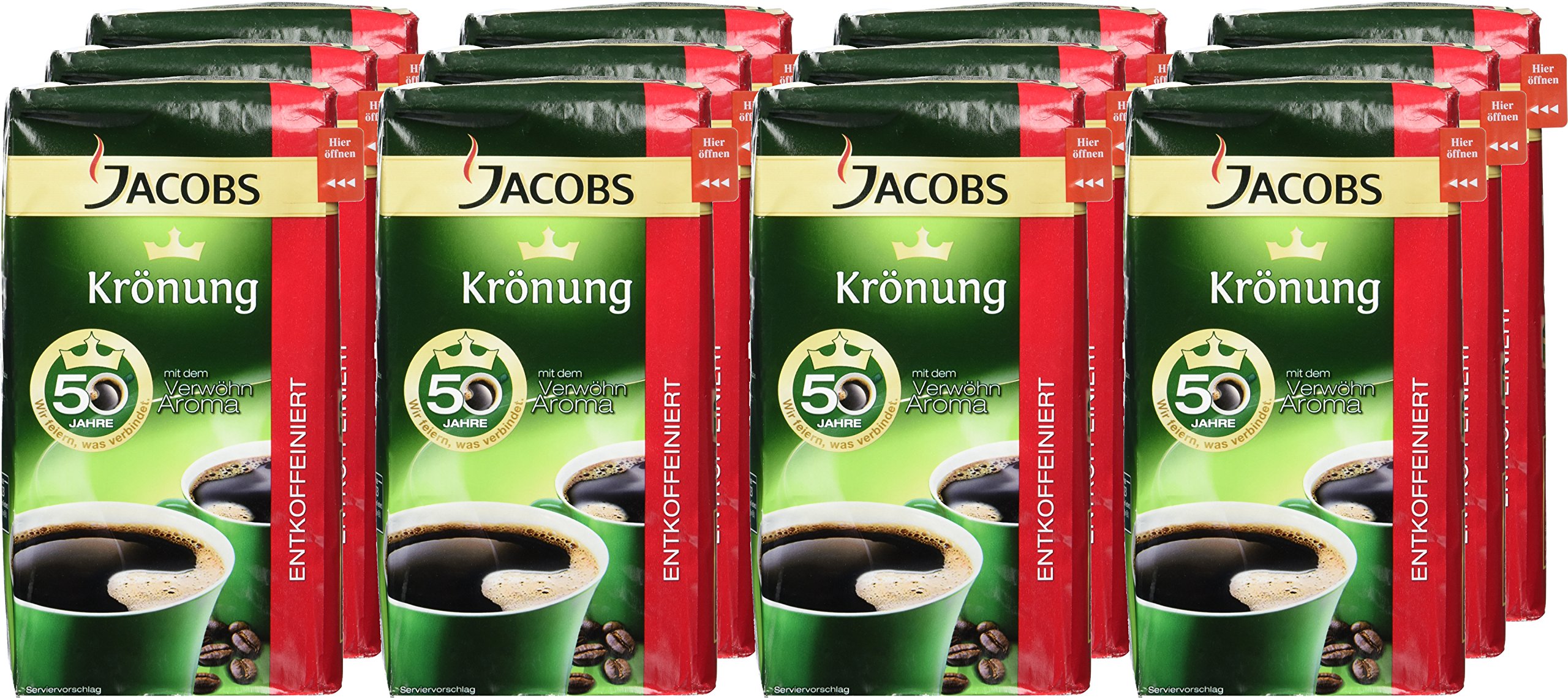 Jacobs Filterkaffee Krönung Entkoffeiniert, 12er Pack, 12 x 500 g gemahlener Kaffee