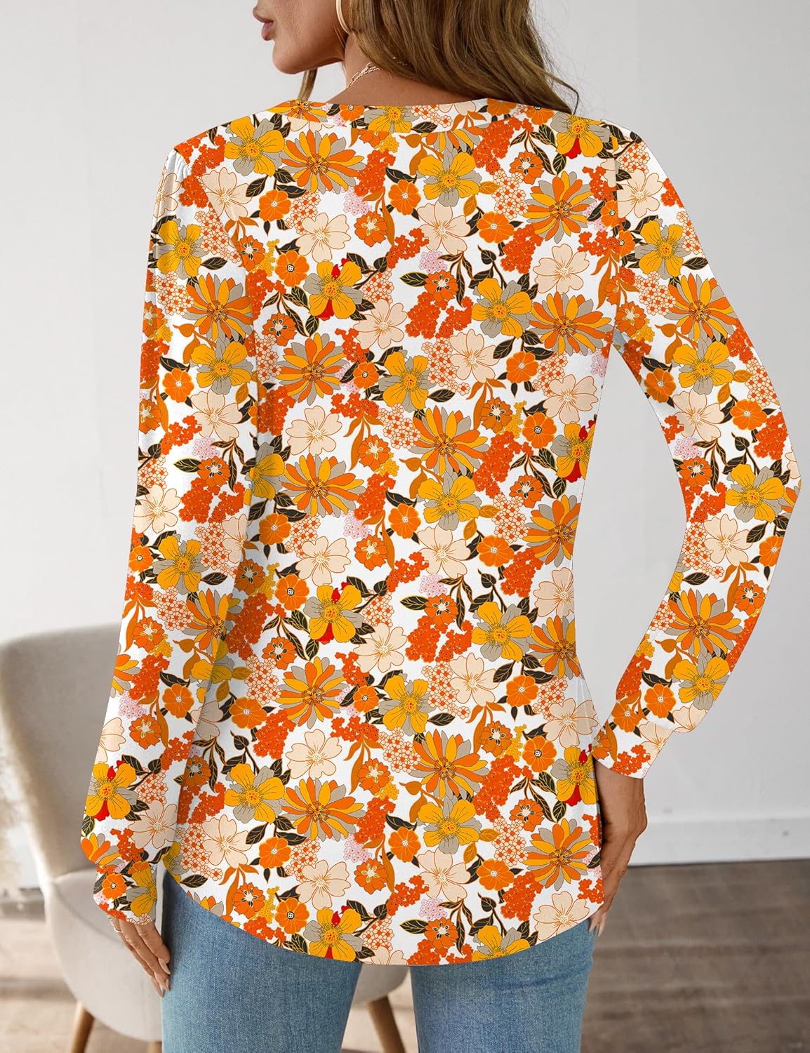 AKEWEI Womens Long Sleeve V Neck Shirts Pleated Business Casual Blouses Fall Loose Tunic Tops - Image 5