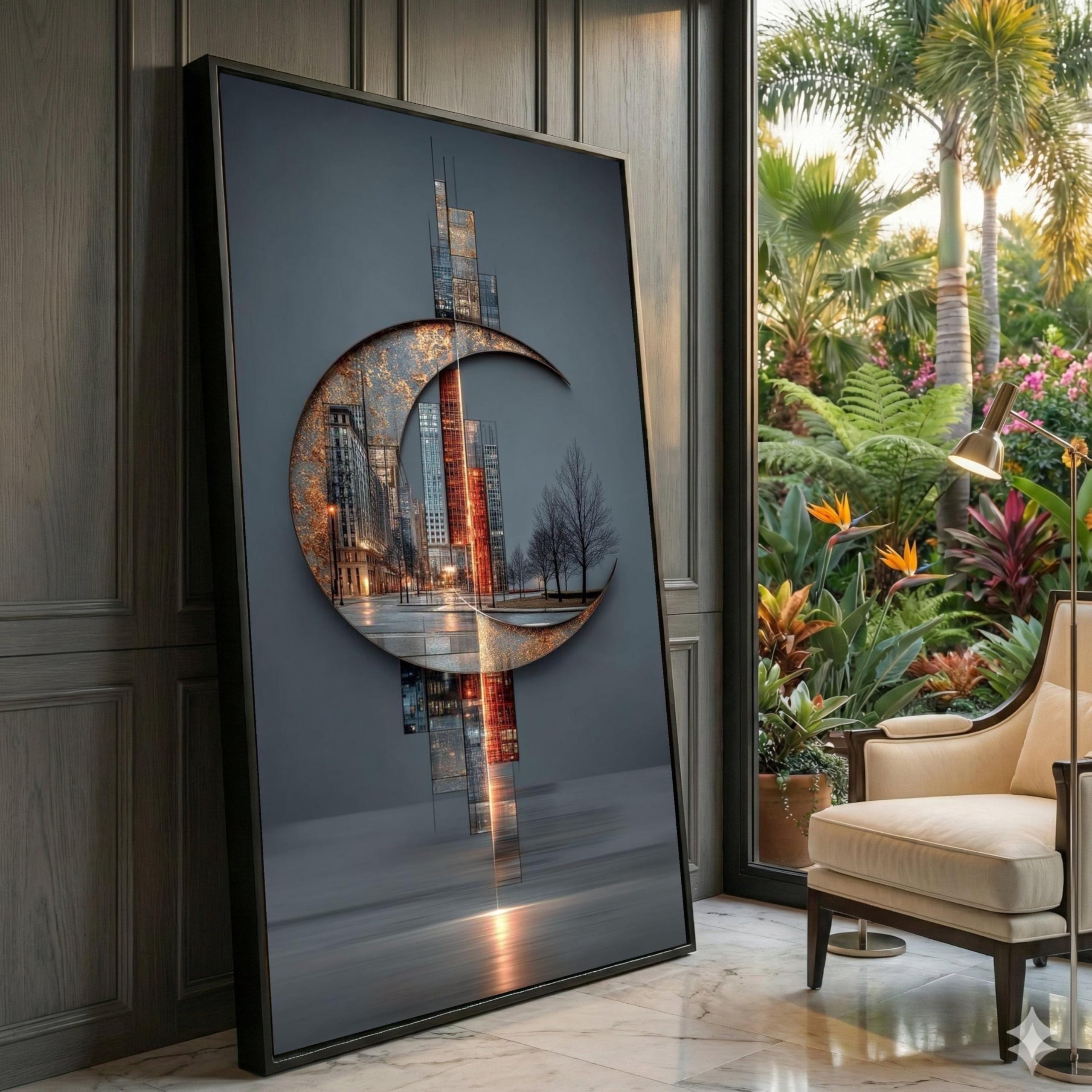 XINBAO Urban Cityscape Crescent Moon Canvas, Wall Art, Rustic Metal Texture Design, Contemporary City Skyline Decor, Pictures(40x70cm/Frameless)