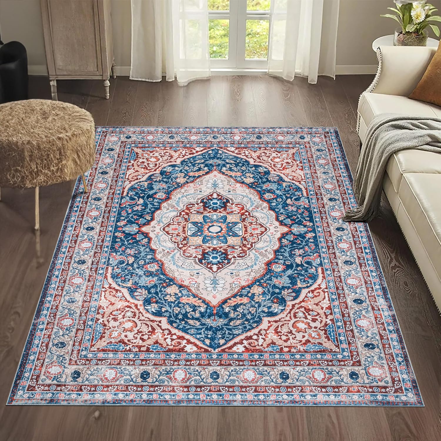 Super Area Rugs - 3X5 Machine Washable Rug Traditional Vintage Small Rug for Entryway - Peach, 3' x 5'