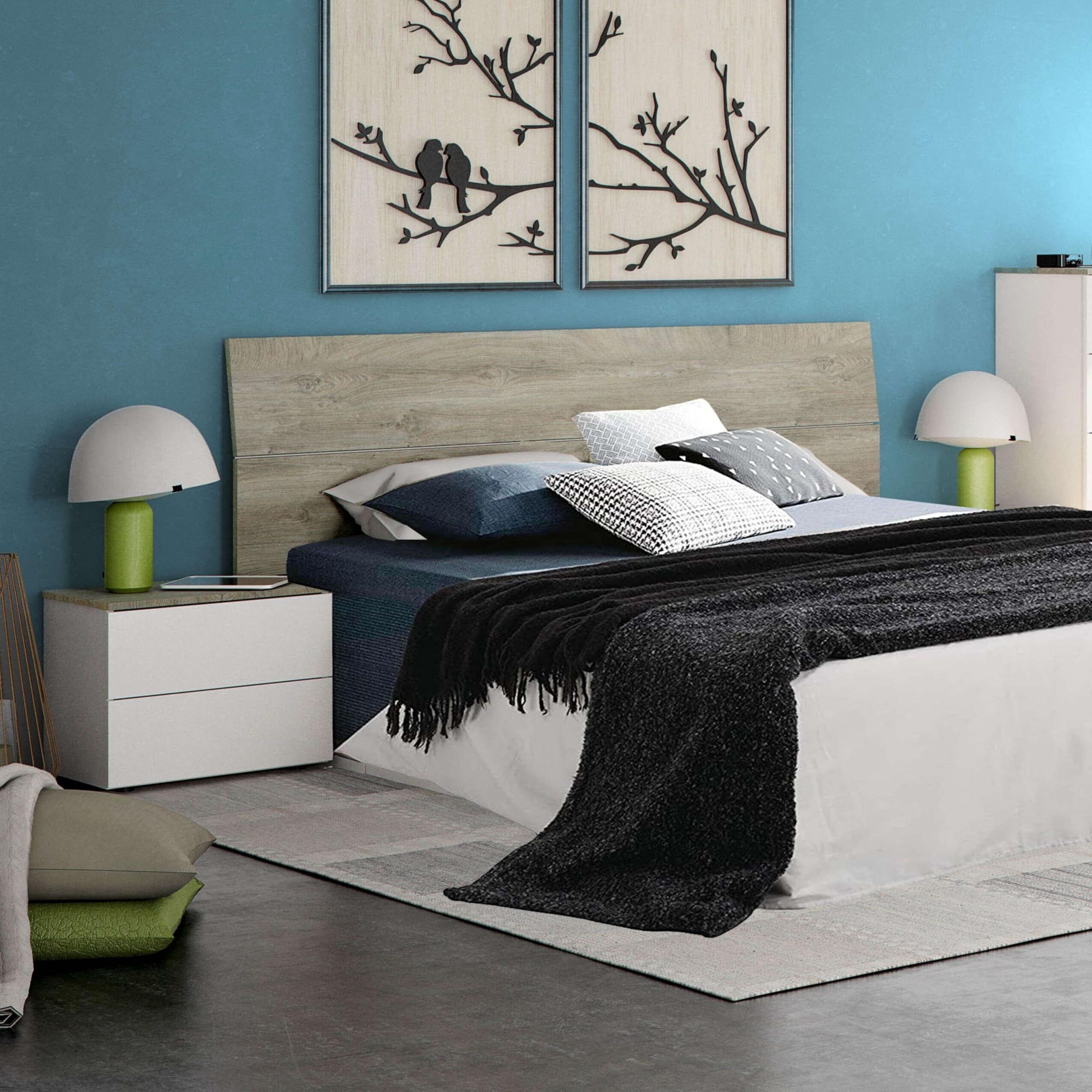 Habitdesign Cabezal y 2 Mesitas de Noche, Conjunto de Dormitorio de Matrimonio, Cama 135/150 cm, Estilo Nórdico, Color Blanco Artik y Roble Alaska, Modelo Dreams