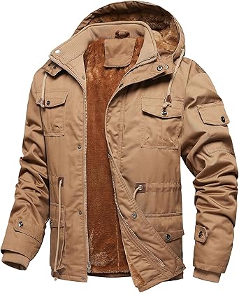 Men's Thick Winter Jackets Fleece Lined Thick Jackets Hood Work Jackets Coat Cotton Military with Cargo Pockets