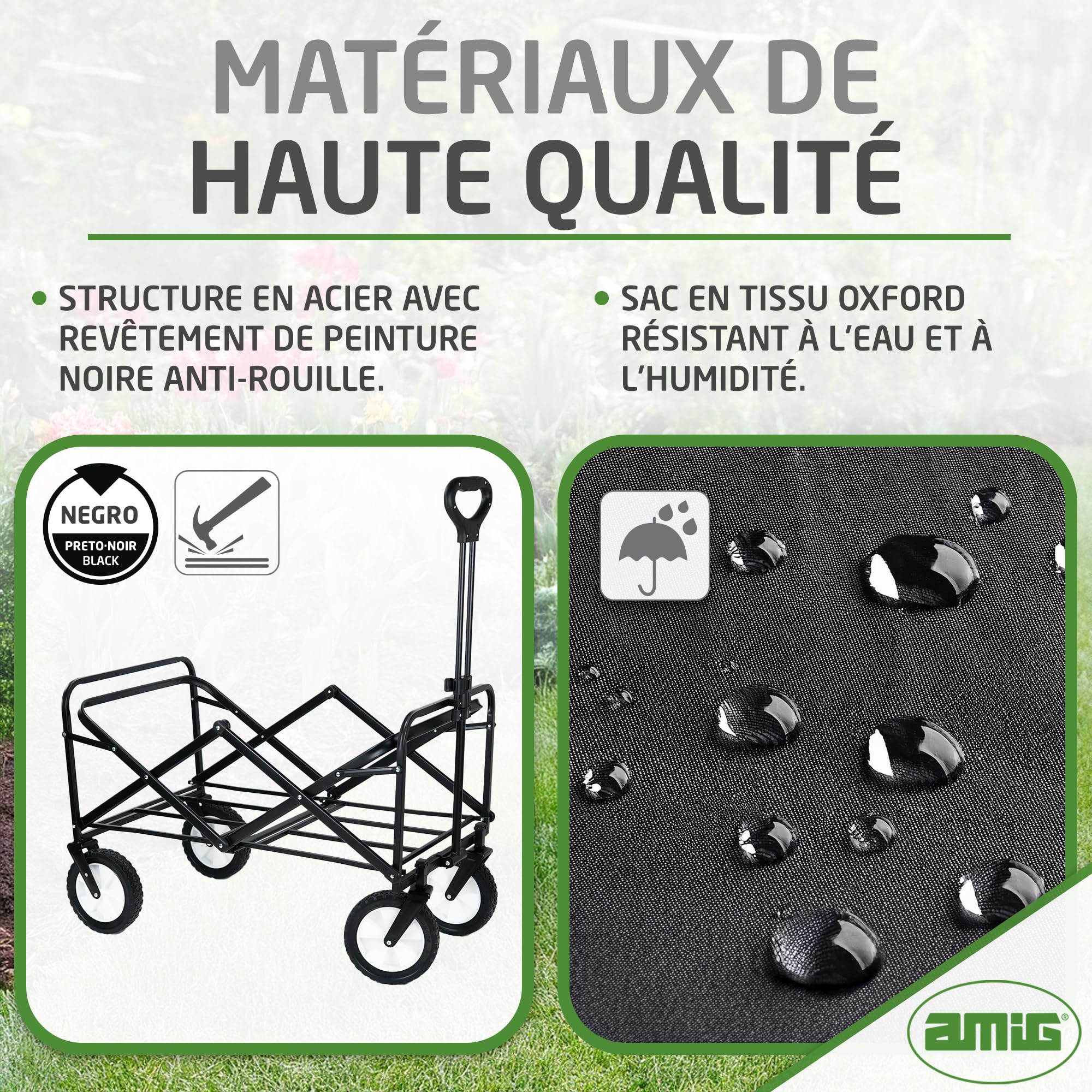 Amig - Chariot de Jardin Pliable Chariot de Plage avec Toile Oxford Imperméable Couleur Noire Roues de 20 cm de diamètre 360º Charge Max. 100 kg, Noir