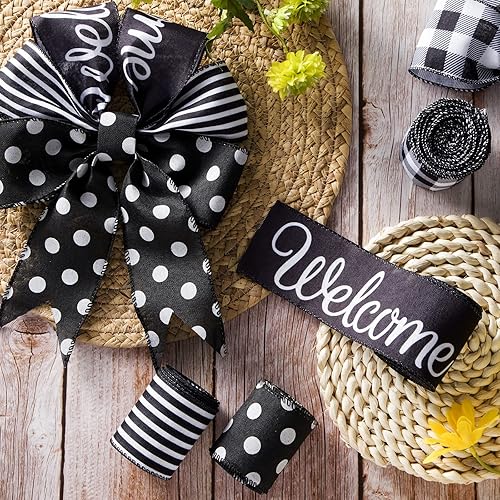 Miniatura 3 de Cinta de granja de 4 rollos de cinta de bienvenida a rayas de búfalo a cuadros con alambre para coronas de Navidad, cinta con alambre surtidos para