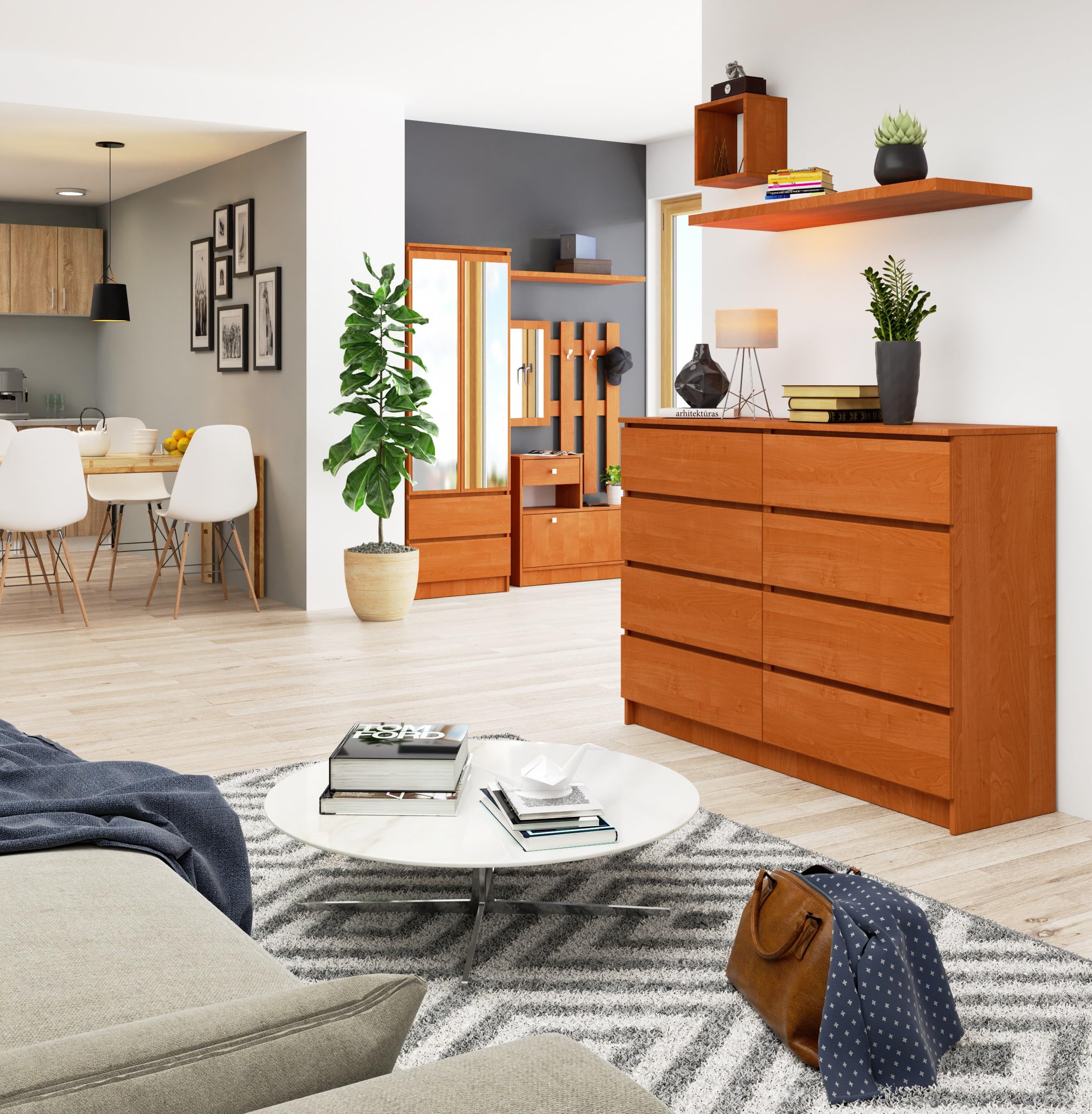 AKORD Cassettiera K 140 cm 8 (2 x 4) Cassetti | Moderna Mobiletto per Soggiorno Sala da Pranzo Camera da Letto | Armadio Cameretta | 138 x 99 x 40 cm | Peso 72kg | Ontano