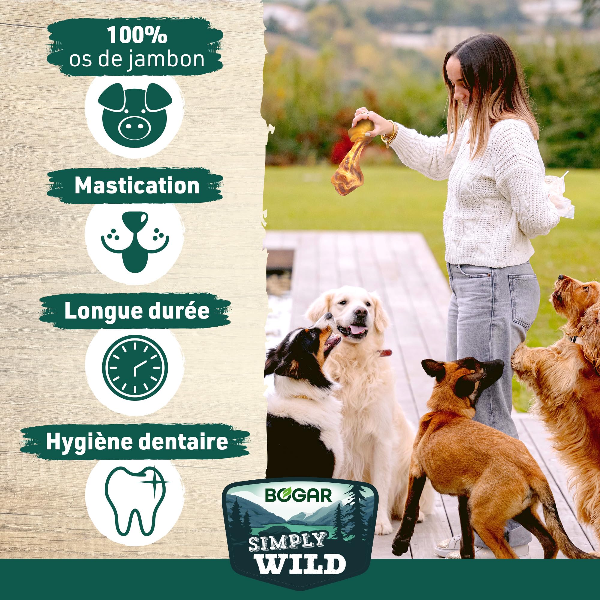 Bogar - Simply Wild - Friandises pour Chien - Nourriture pour Chiens en Complément de l'Alimentation Habituelle - Friandise sous Forme de Méga Os de Jambon - 100% Porc Séché - Aide à la Mastication
