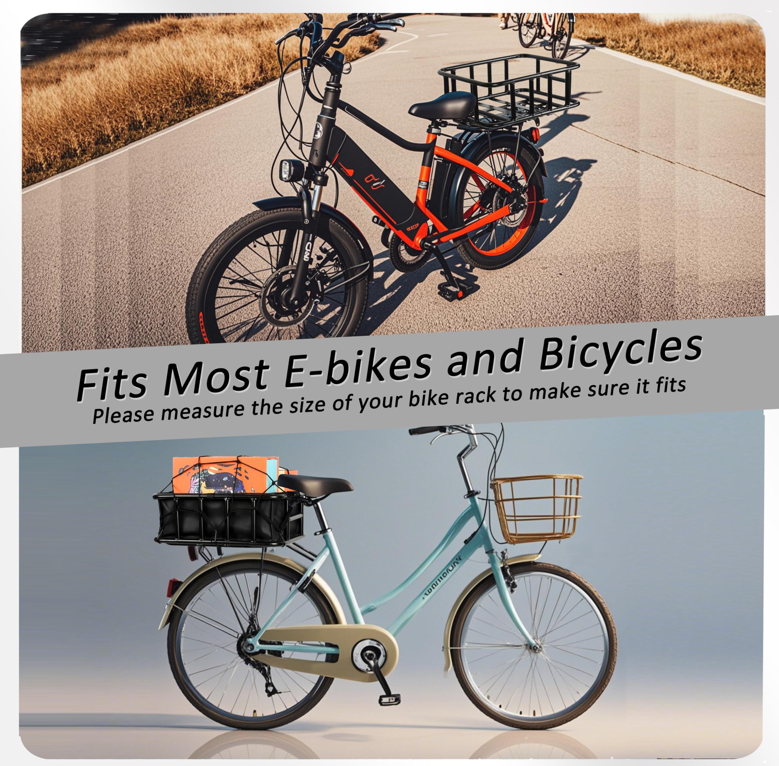 Grand panier arrière de vélo avec filet de cargaison, doublure et housse imperméable pour vélo électrique, vélo électrique et vélos, grande capacité
