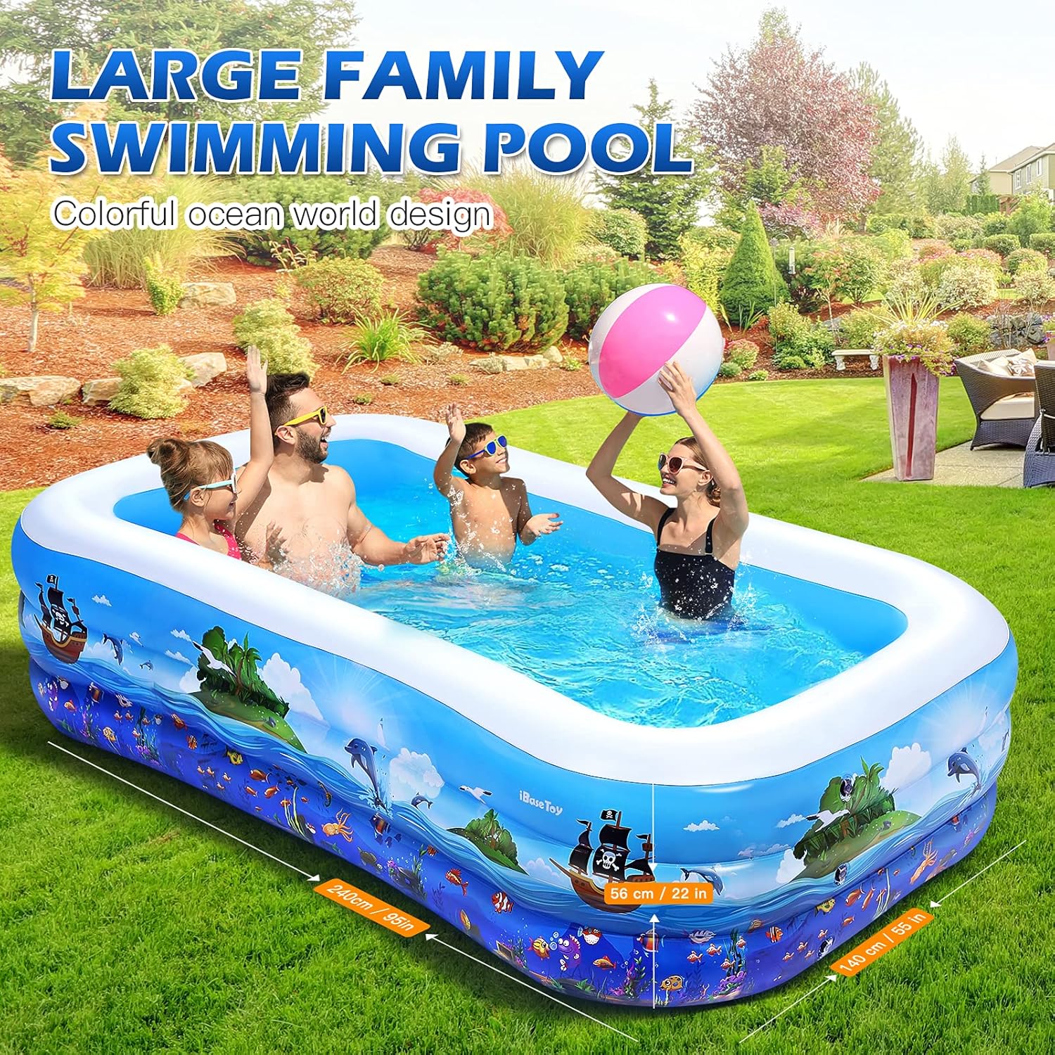 Flаѕh Sаlе iBaseToy Inflatable Swimming Pool for Kids, 95 x 55 x 22 Family Full-Sized Kiddie Pool Above Ground, Blow Up Pools for Kids Ages 3+ for Outdoor, Garden, Backyard