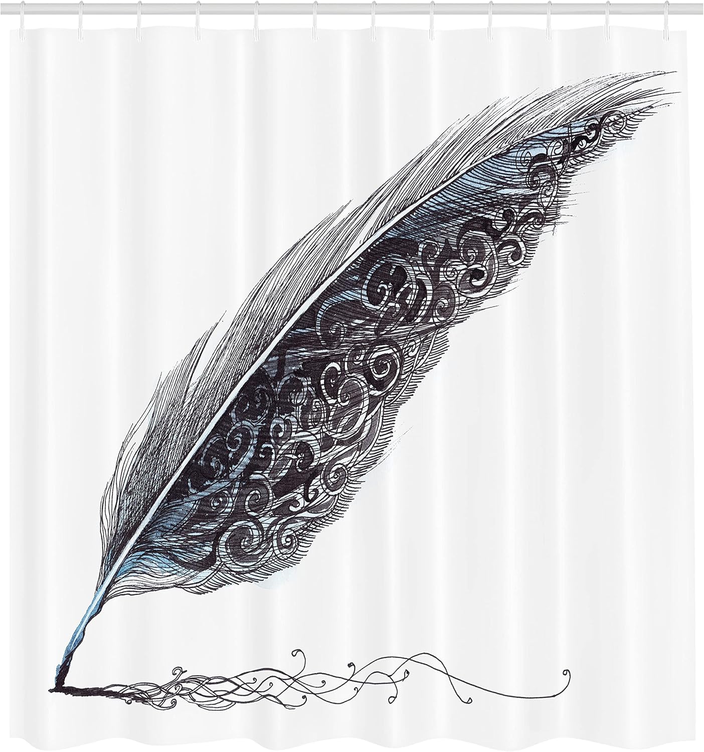Ambesonne Grey Shower Curtain, Image of a Dated Antique Classical Quill Pen Feather with Leaf Motifs on Side, Cloth Fabric Bathroom Decor Set with Hooks, 69" W x 84" L, Grey Black