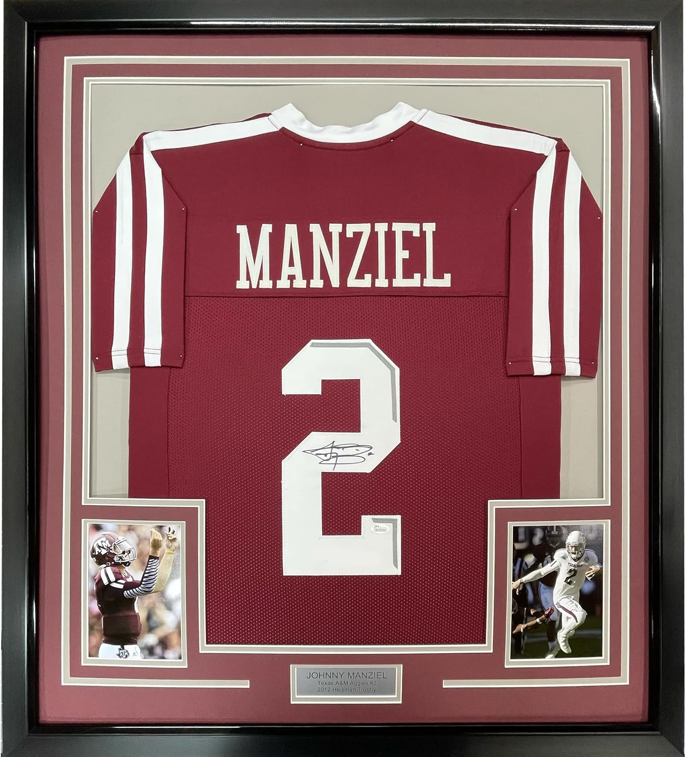 Framed Autographed/Signed Johnny Manziel 33x42 Texas A&M Maroon College Football Jersey JSA COA
