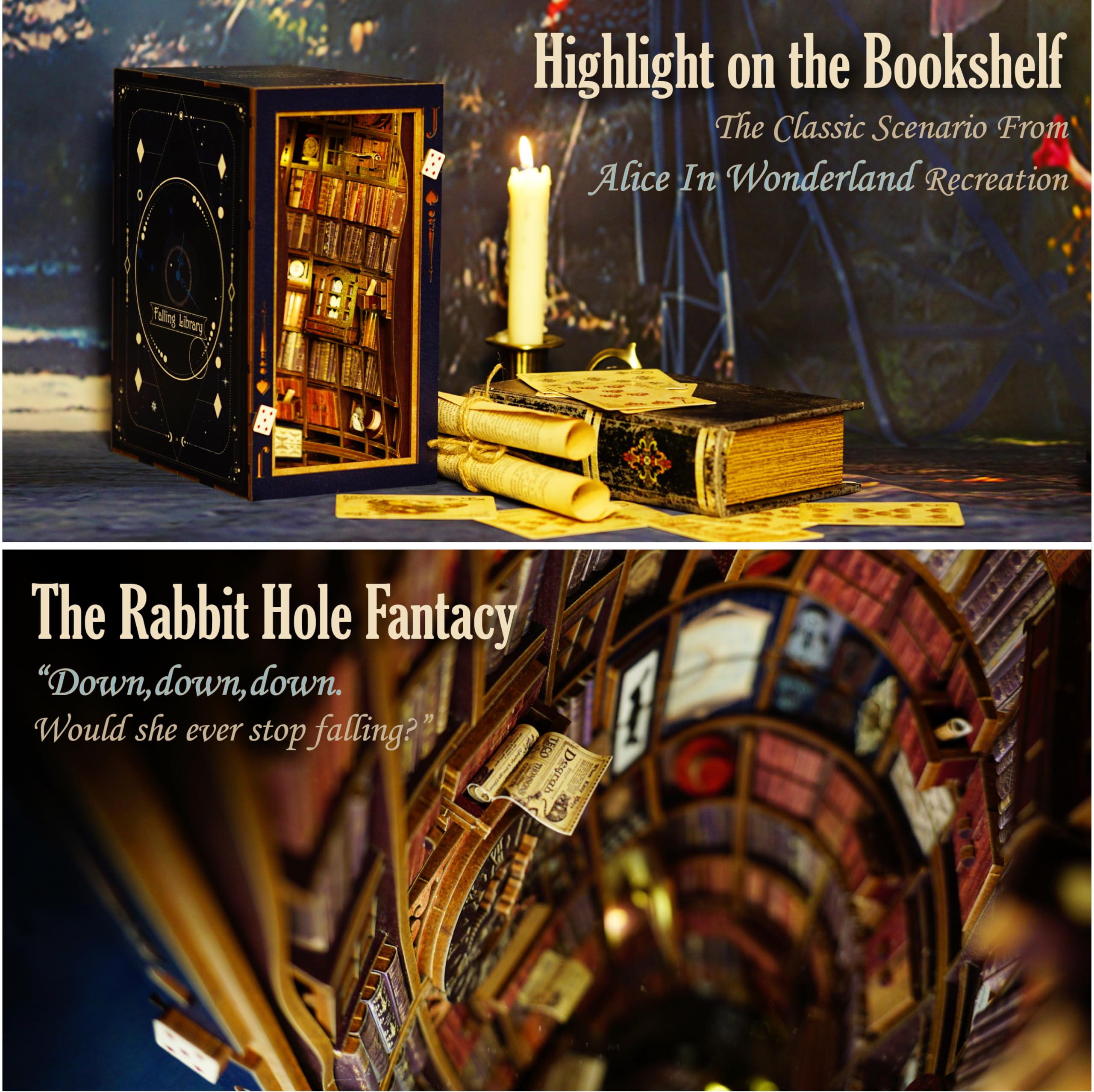 DIY Book Nook Kit, Alice im Wunderland, Puppenhaus Miniatur, Booknook Bücherregal Insert Decor Alley 3D puzzle, Buchstützen Modellbausatz, Geschenk für Teenager und Erwachsene, Falling Library