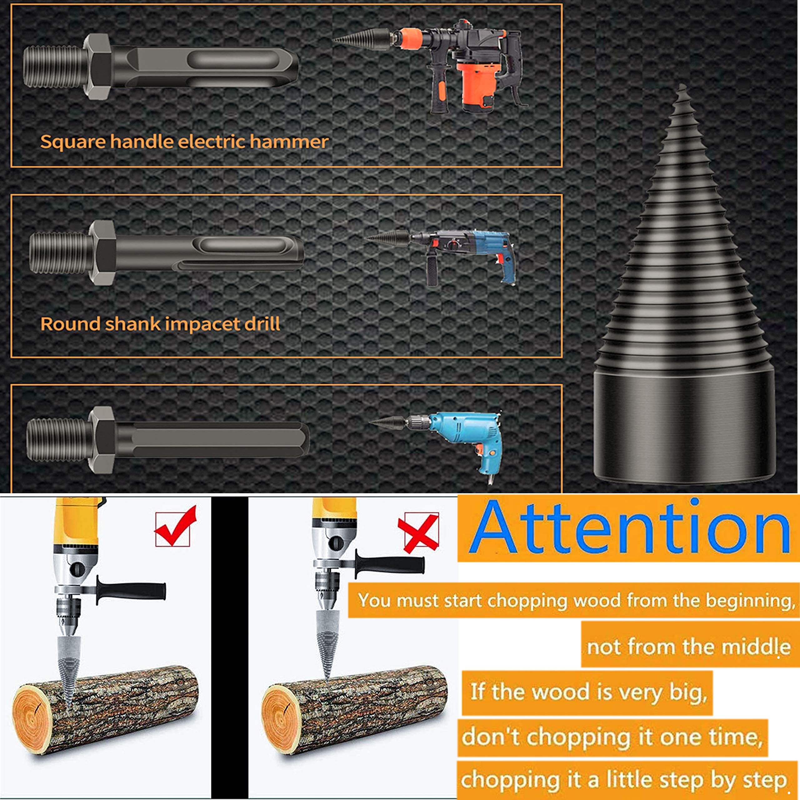 Legna da Ardere Spaccalegna Smontabile Coni Kindling Legno Spaccatura Tronchi Bit Log Splitter Vite Cono Accensione Legna Da Ardere Splitter per Uso Domestico Elettrico Trapano