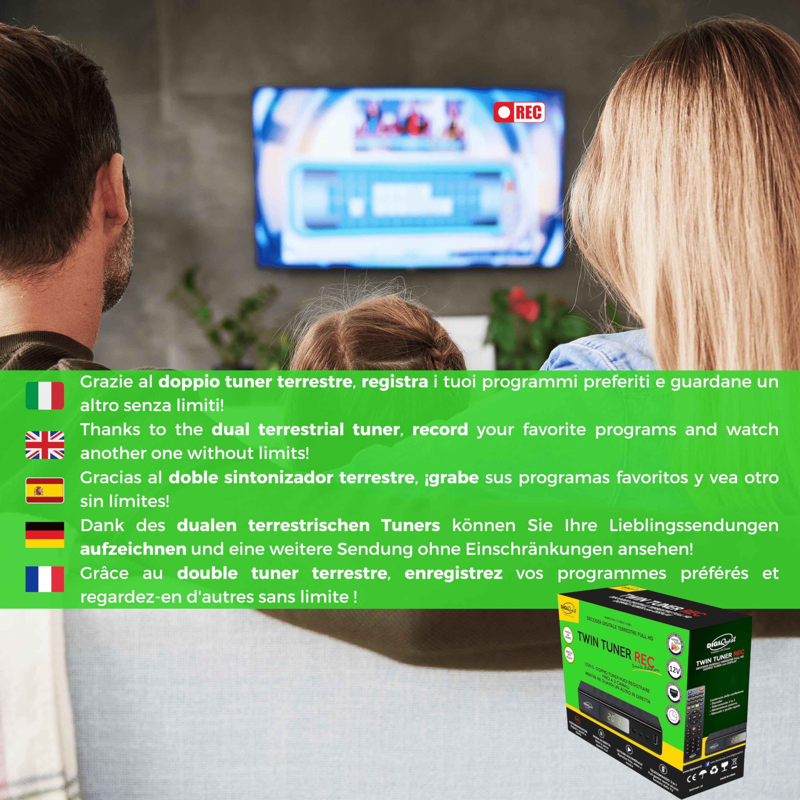 Digiquest Twin Tuner REC - Decoder Digitale Terrestre DVB-T2, Full HD, Funzione di Videoregistratore, Timeshift, Alimentazione 12V, Small Edition, Compatto, Nero