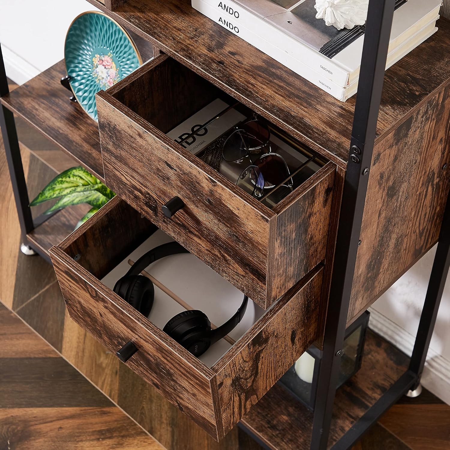 VECELO Modern Bookcase with Drawer/Cabinet,Stable Metal Frame and Wood Display Shelf for Living Room, Home Office,Brown and Black