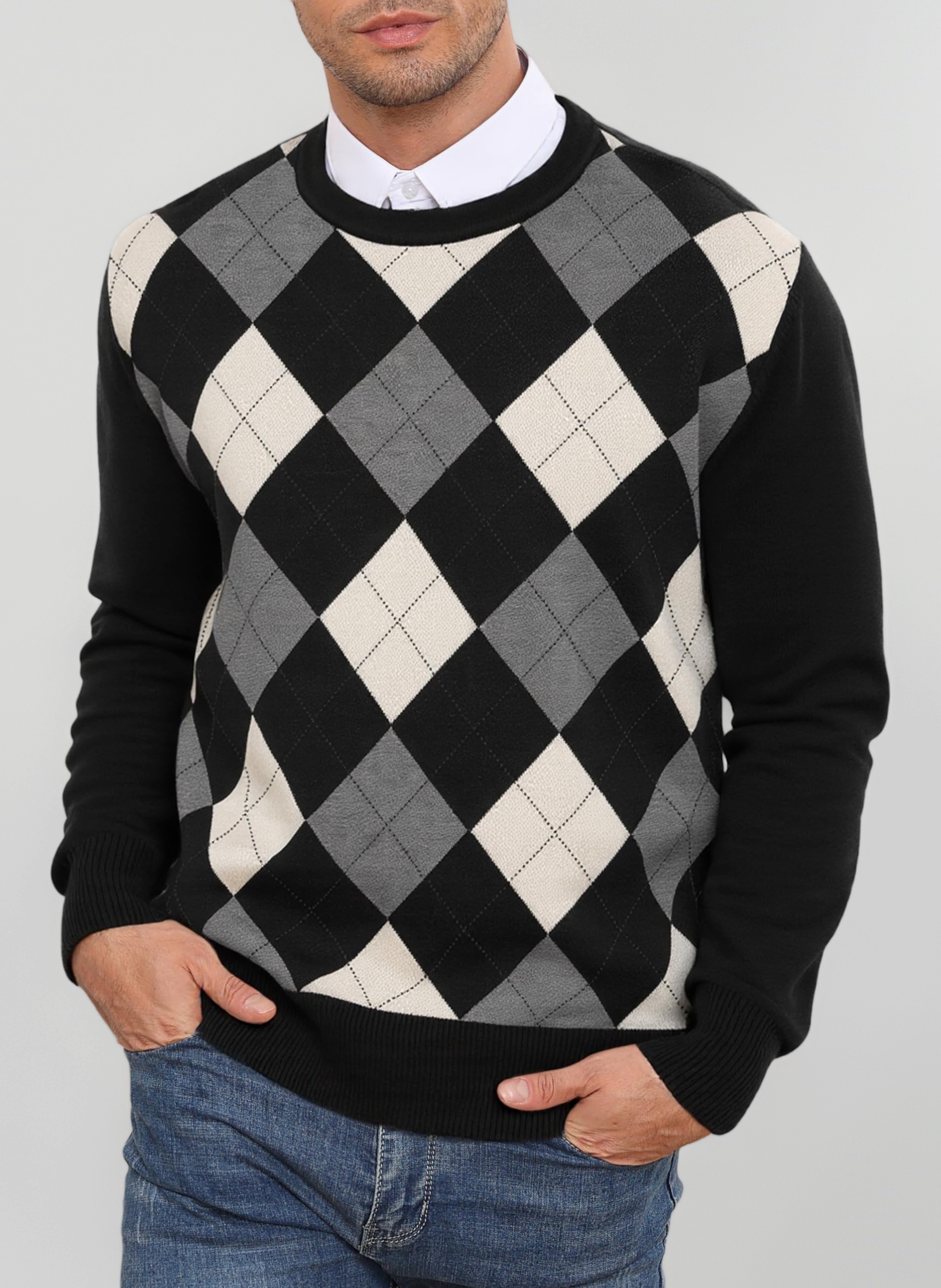 RQP Men's Crewneck Sweater Slim Fit Argyle Pattern Long Sleeve Knit Pullover Sweater for Casual Or Dressy Wear