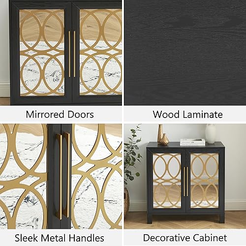 Miniatura 6 de EDYO LIVING Aparador de buffet con espejo, gabinete de almacenamiento moderno con puertas de vidrio de metal, mesa consola para sala de estar,