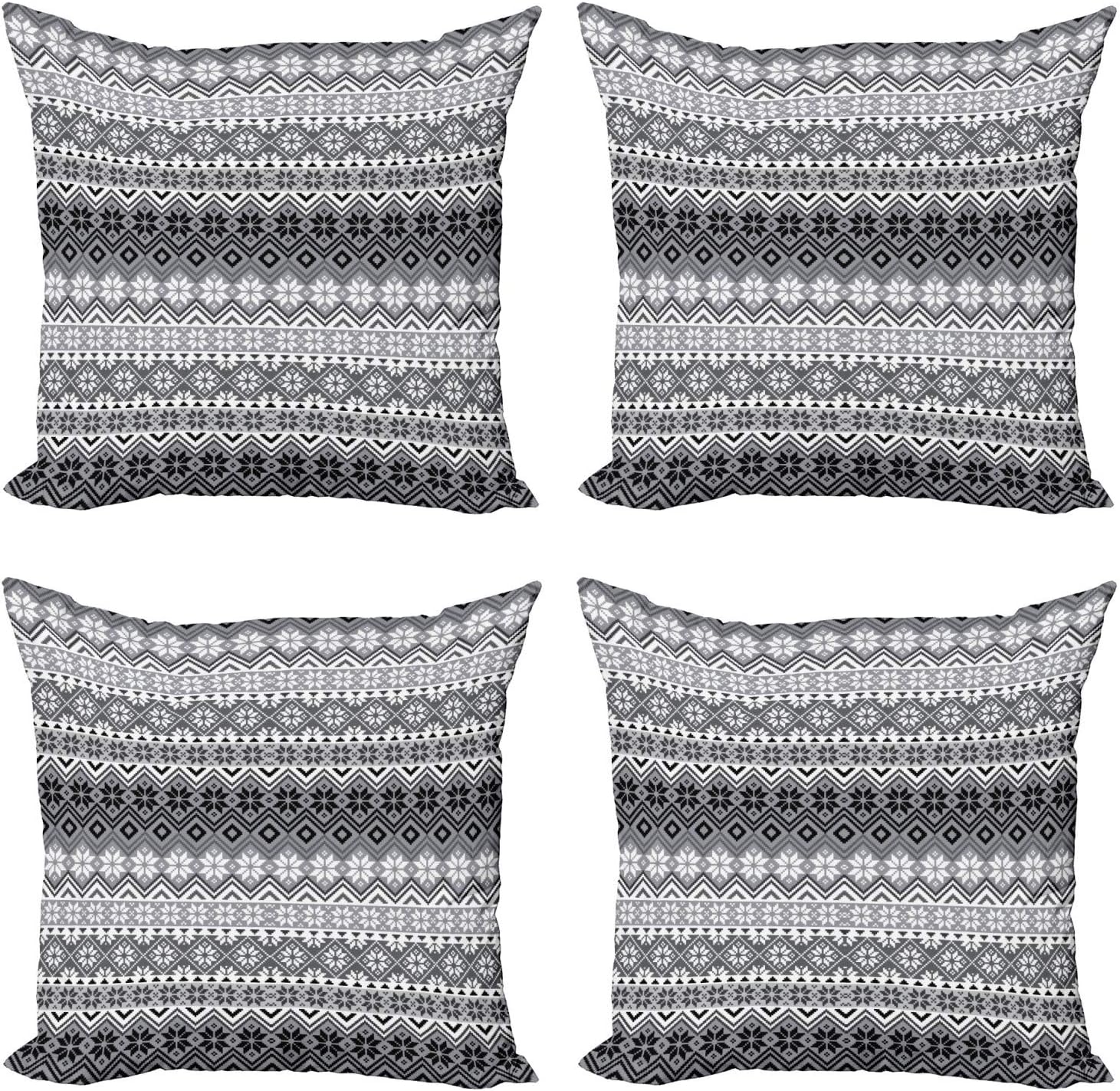 Ambesonne Grey Decorative Throw Pillow Case Pack of 4, Nordic Snowflake Knit Patterns Scandinavian Motifs Traditional and Modern Print, Cushion Cover for Couch Living Room Car, 16", Grey White