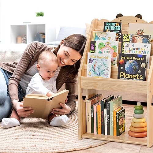 Miniatura 13 de Estantería Montessori para niños, estantería de madera natural con pizarra y almacenamiento, estante para revistas para niños, organizador de