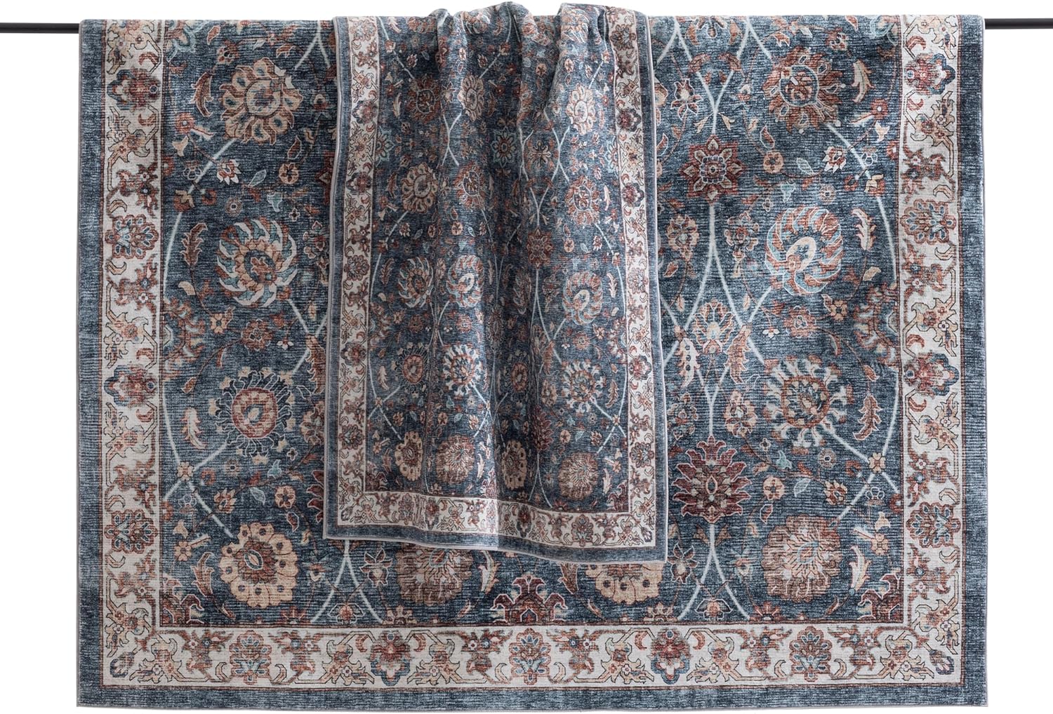 Carvapet 3x5 Small Rugs for Living Room Bedroom Dorm, 5x3 Washable Dark Blue Vintage Low Pile Carpet Floral with Rubber Backing, Foldable, Non Slip Thin Area Rug